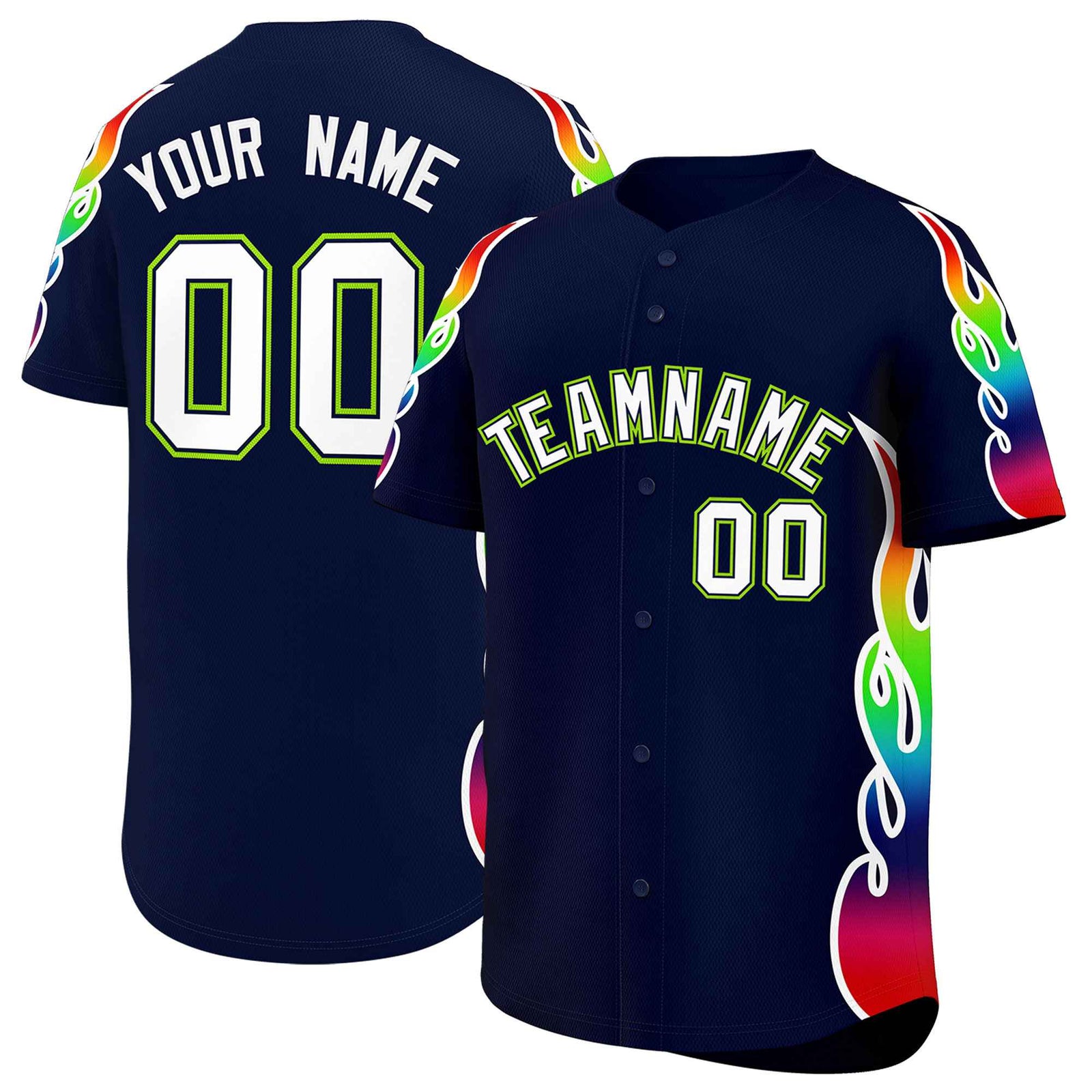 Custom Navy Graffiti Pattern Personalized Multicolored Flames Print Authentic Baseball Jersey