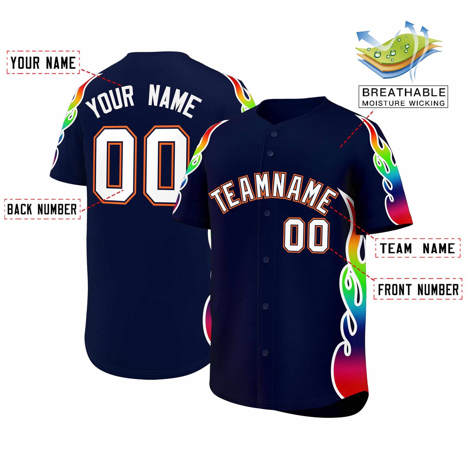 Custom Navy Graffiti Pattern Personalized Multicolored Flames Print Authentic Baseball Jersey
