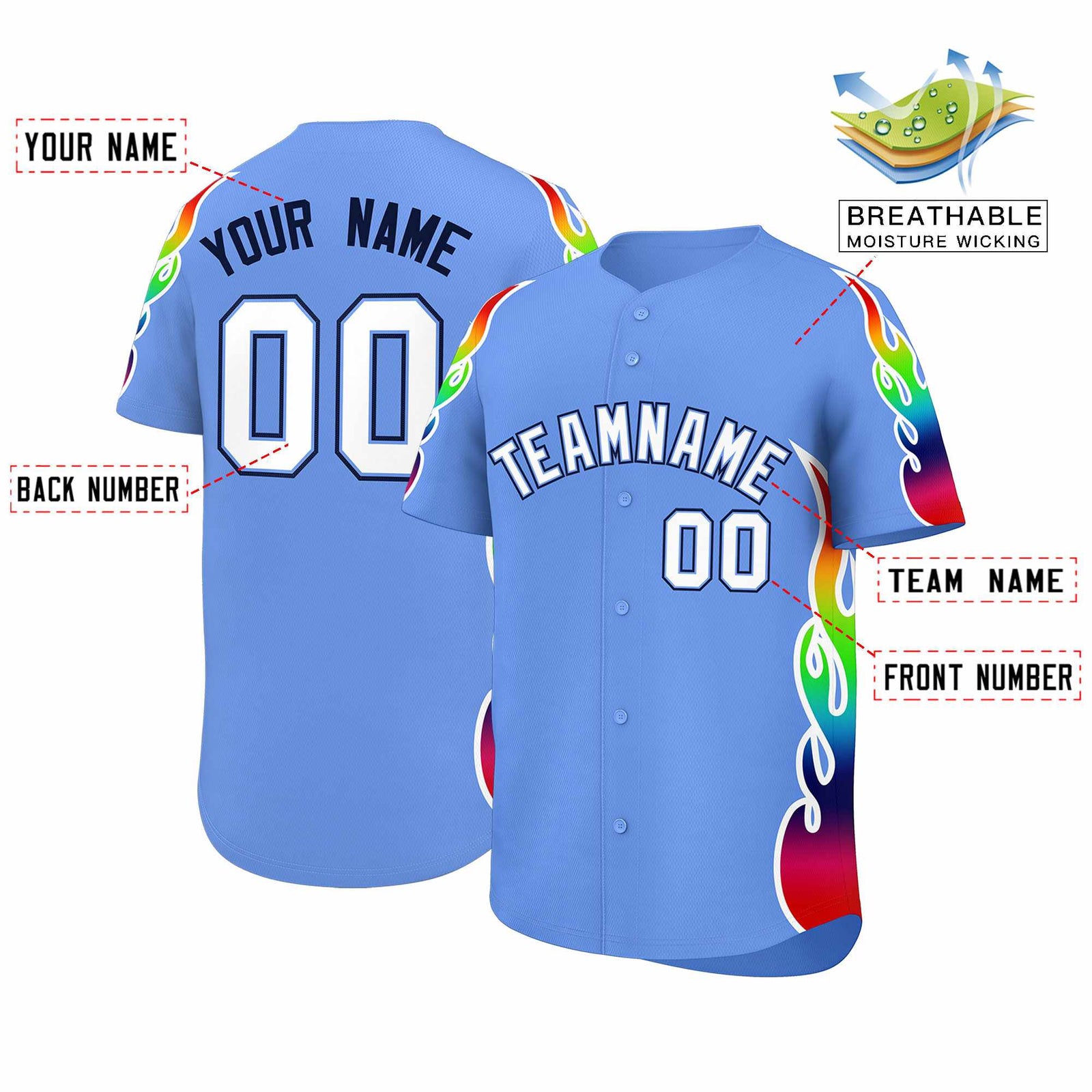 Custom Light Blue Graffiti Pattern Personalized Multicolored Flames Print Authentic Baseball Jersey
