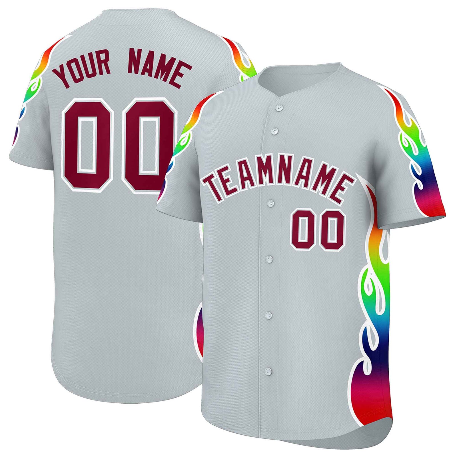 Custom Silver Graffiti Pattern Personalized Multicolored Flames Print Authentic Baseball Jersey