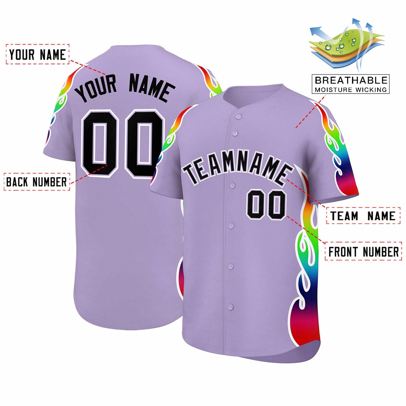 Custom Light Purple Graffiti Pattern Personalized Multicolored Flames Print Authentic Baseball Jersey