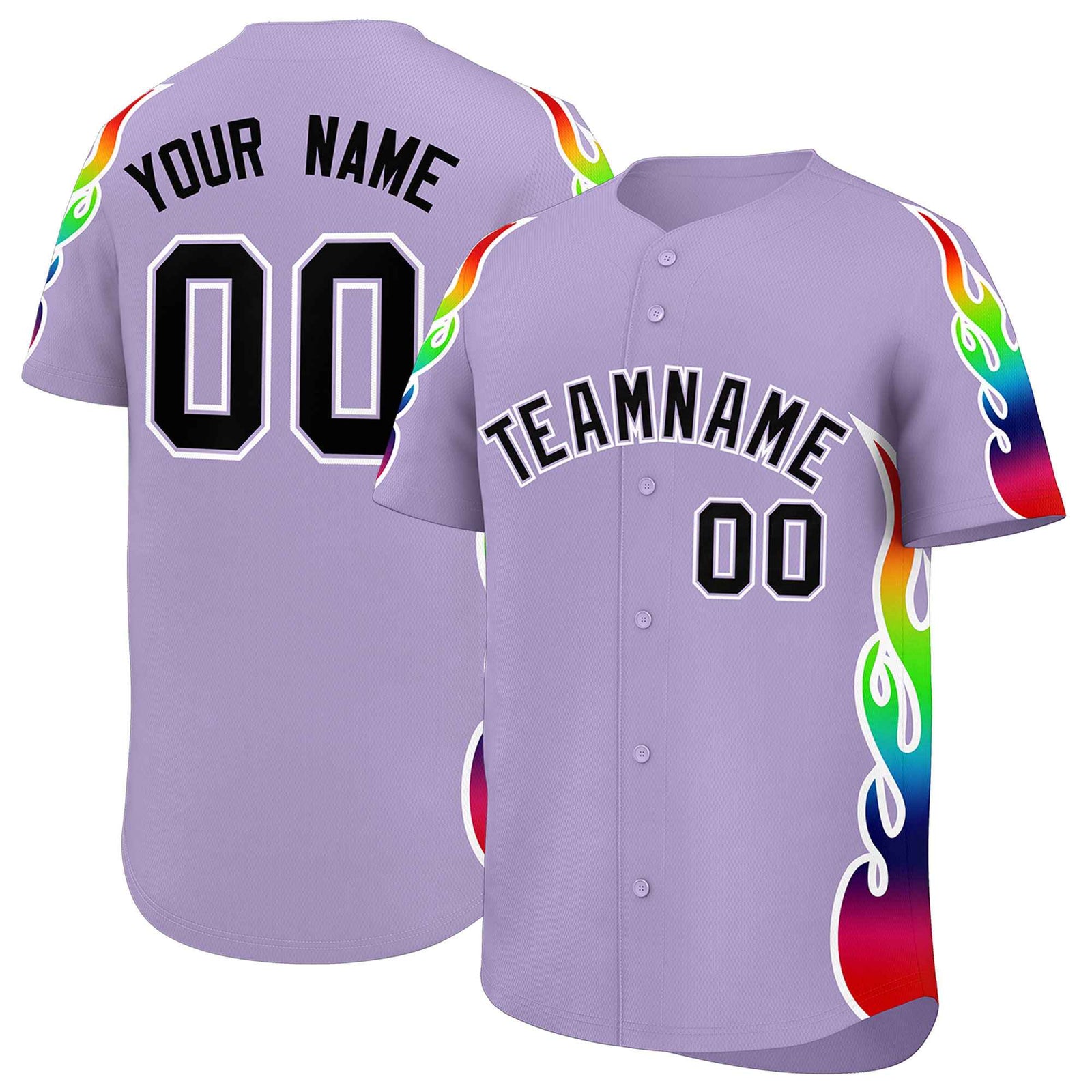 Custom Light Purple Graffiti Pattern Personalized Multicolored Flames Print Authentic Baseball Jersey