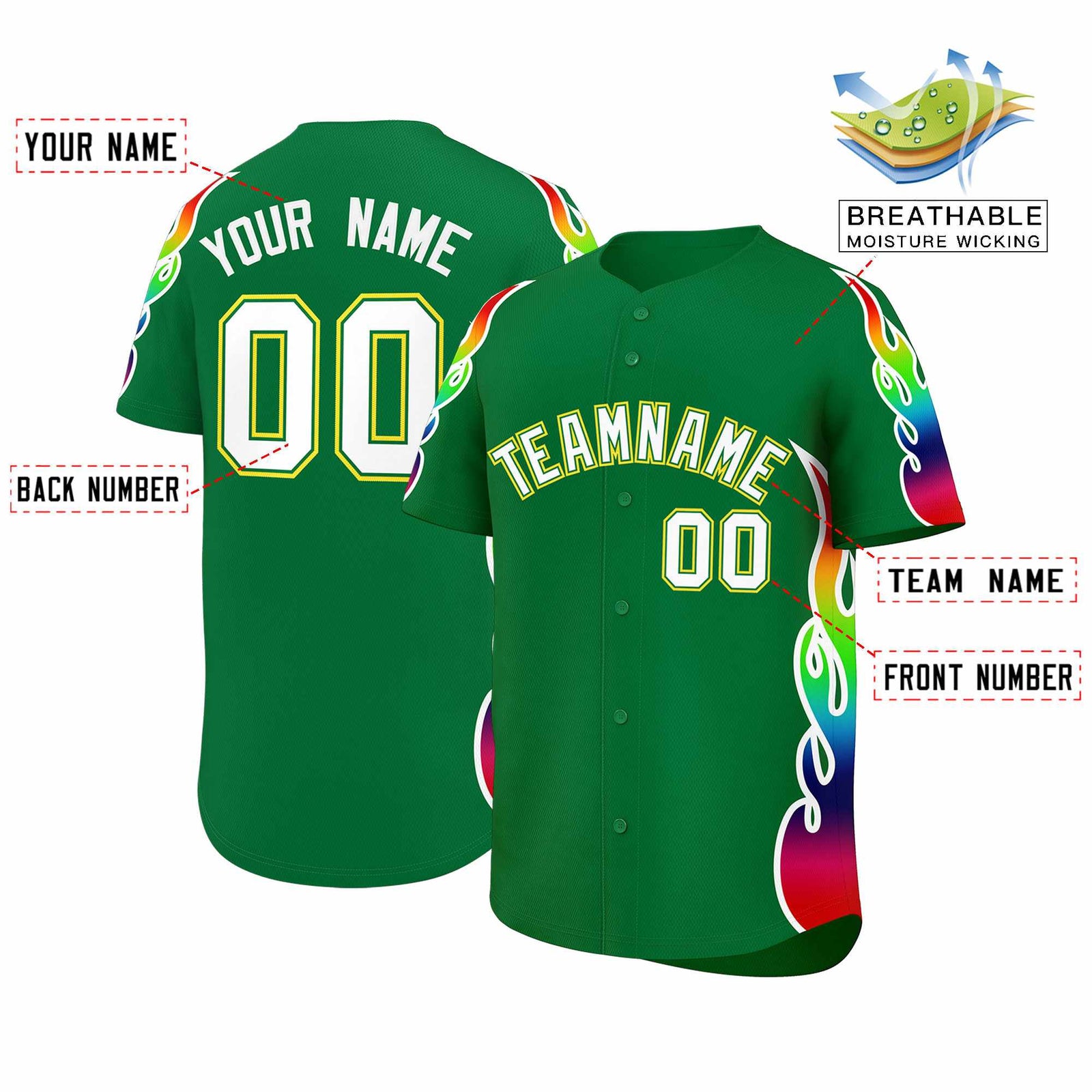 Custom Kelly Green Graffiti Pattern Personalized Multicolored Flames Print Authentic Baseball Jersey