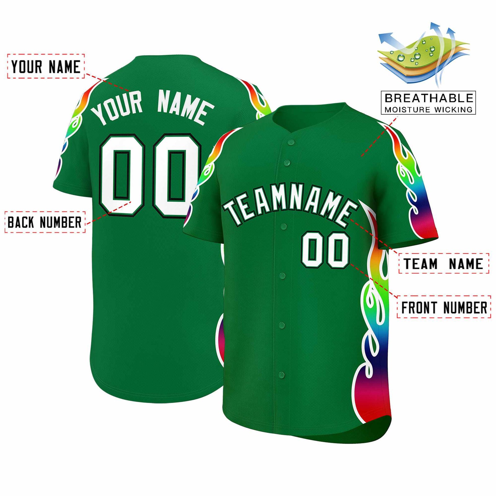 Custom Kelly Green Graffiti Pattern Personalized Multicolored Flames Print Authentic Baseball Jersey
