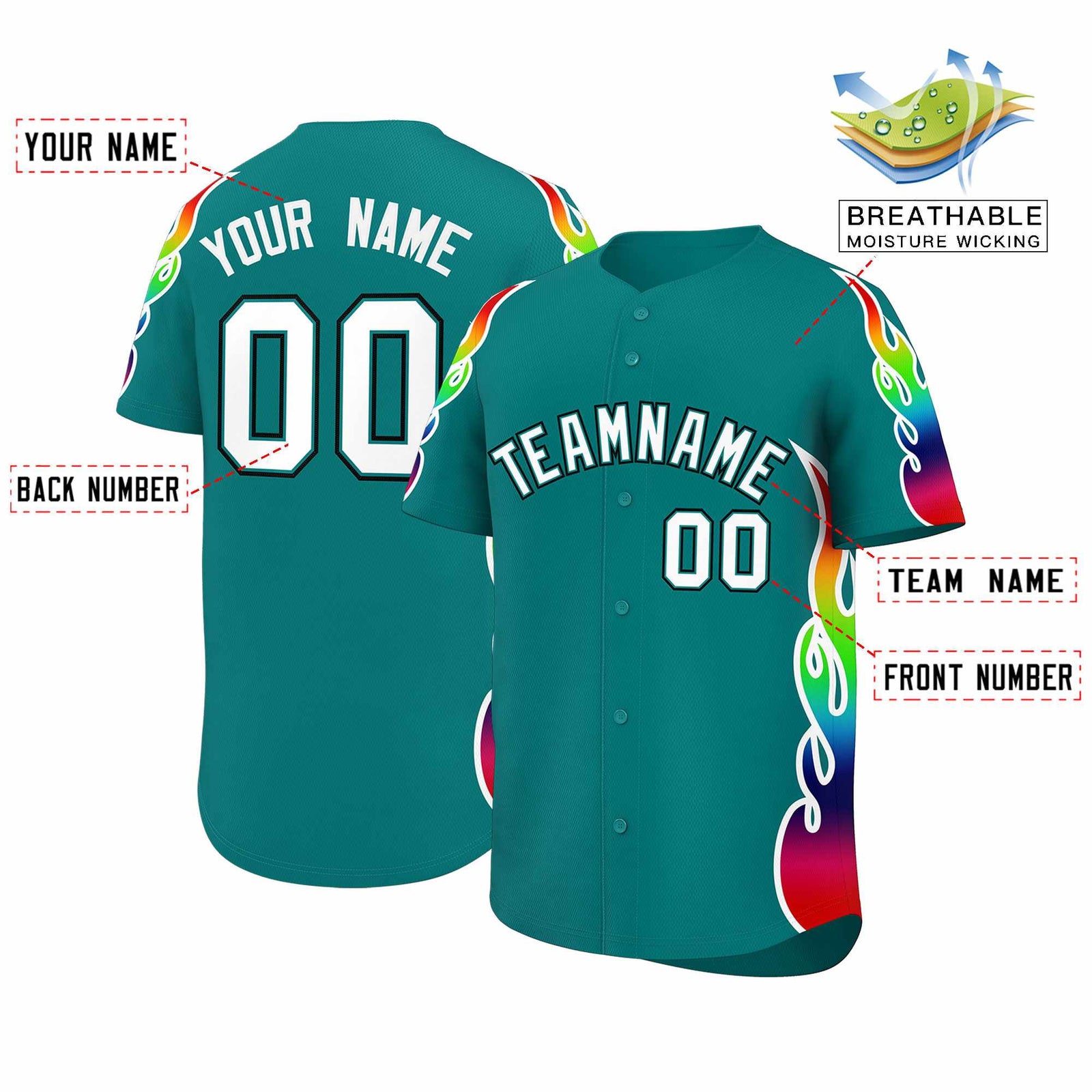 Custom Aqua Graffiti Pattern Personalized Multicolored Flames Print Authentic Baseball Jersey
