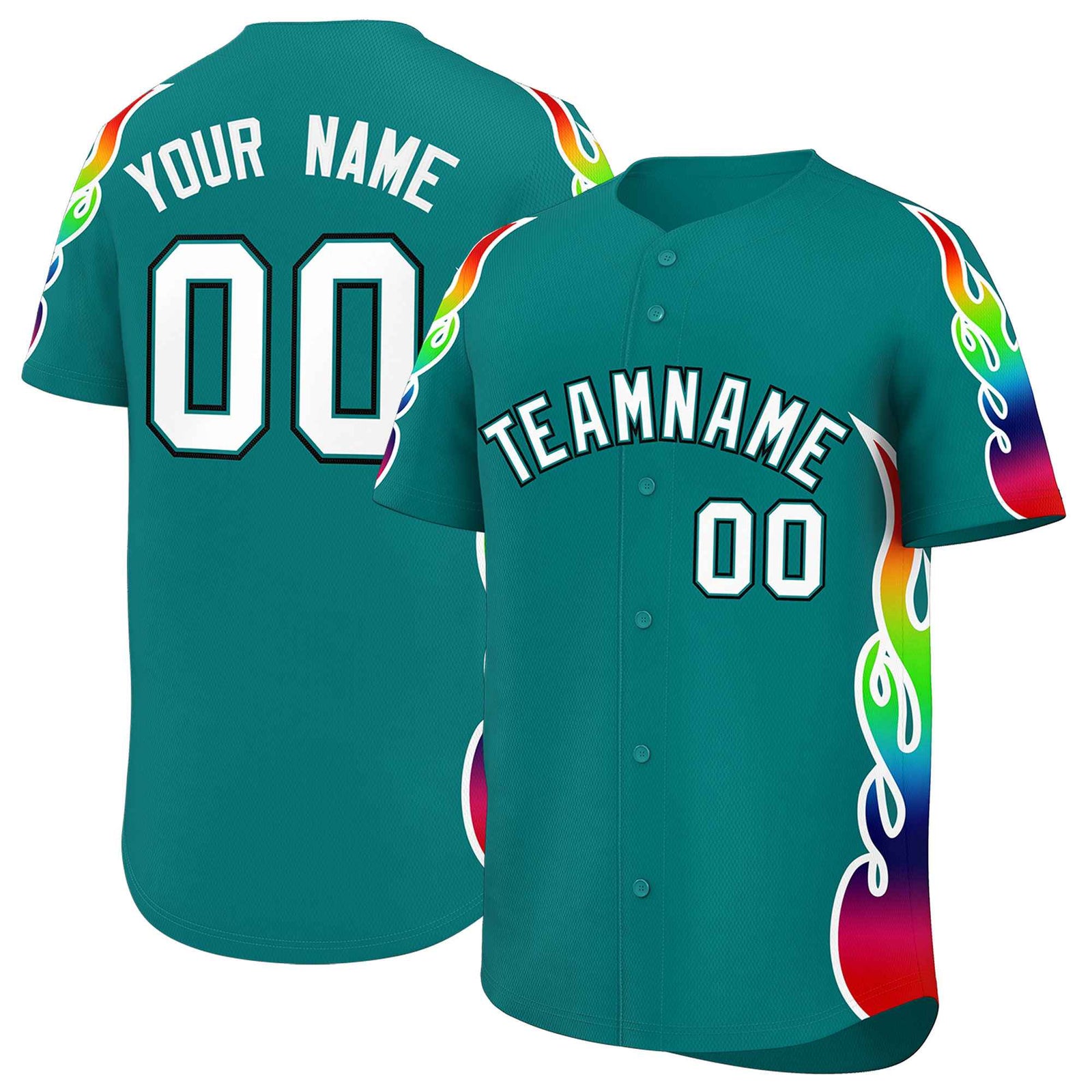 Custom Aqua Graffiti Pattern Personalized Multicolored Flames Print Authentic Baseball Jersey