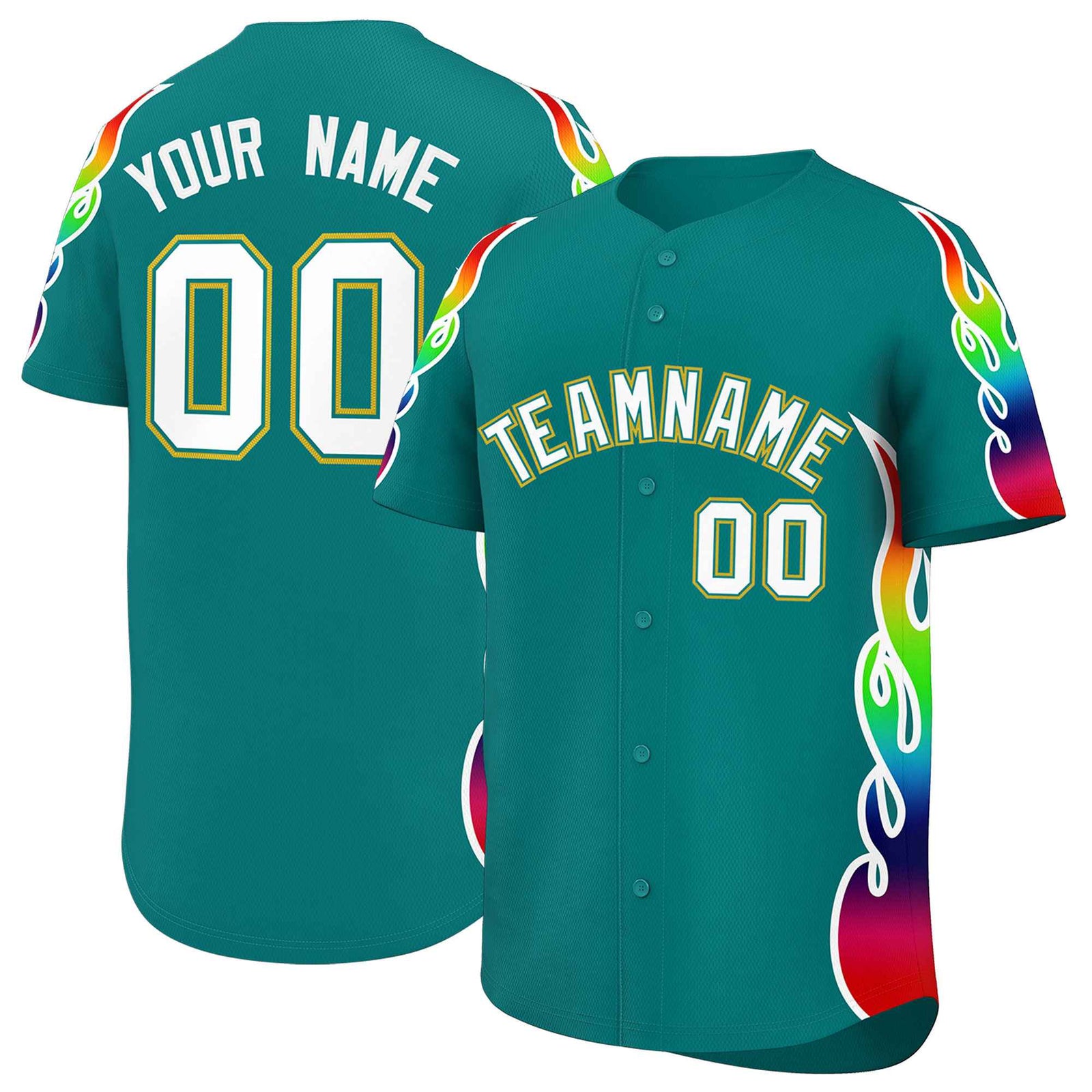 Custom Aqua Graffiti Pattern Personalized Multicolored Flames Print Authentic Baseball Jersey