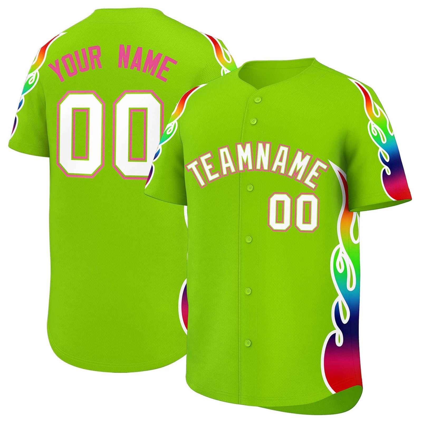 Custom Neon Green Graffiti Pattern Personalized Multicolored Flames Print Authentic Baseball Jersey