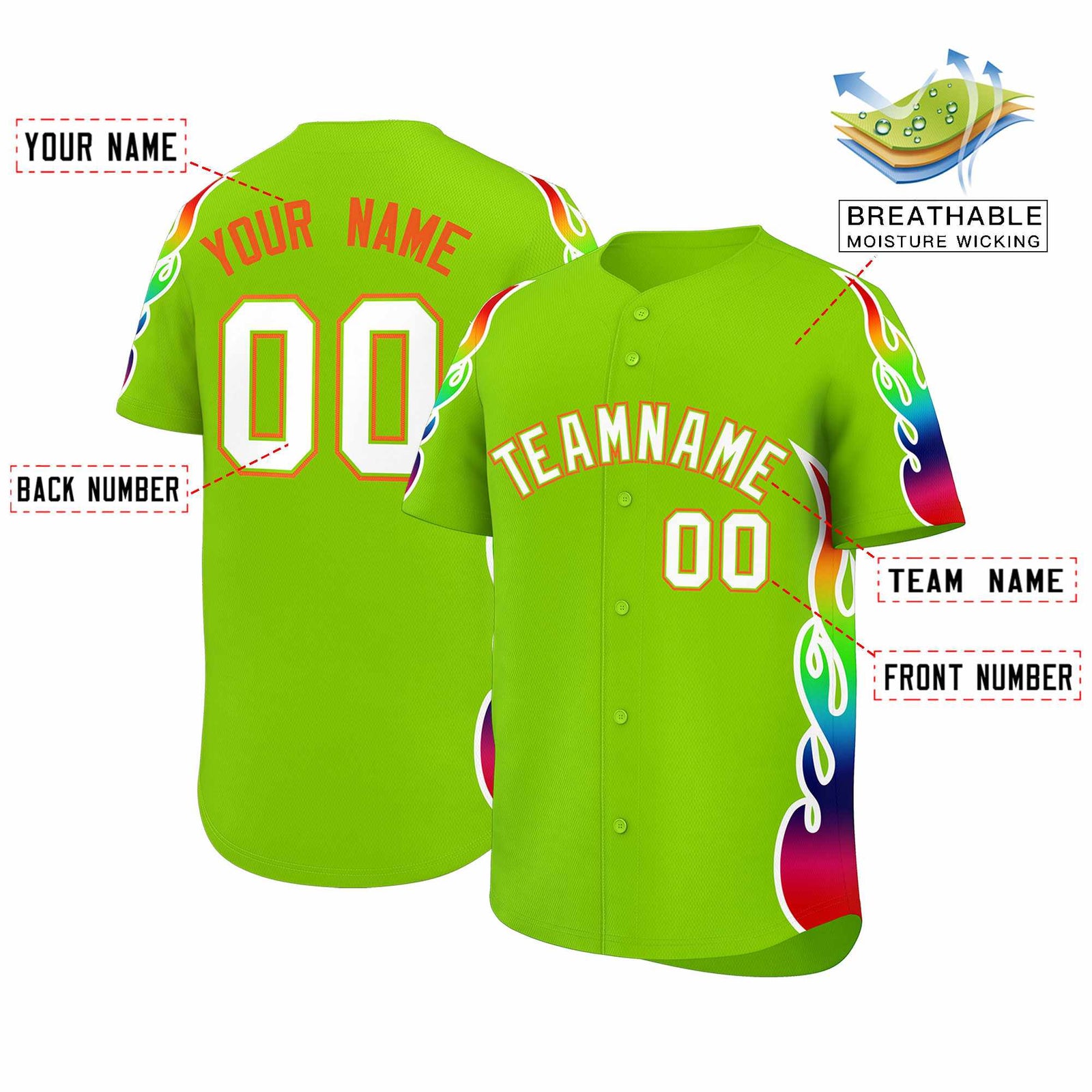 Custom Neon Green Graffiti Pattern Personalized Multicolored Flames Print Authentic Baseball Jersey
