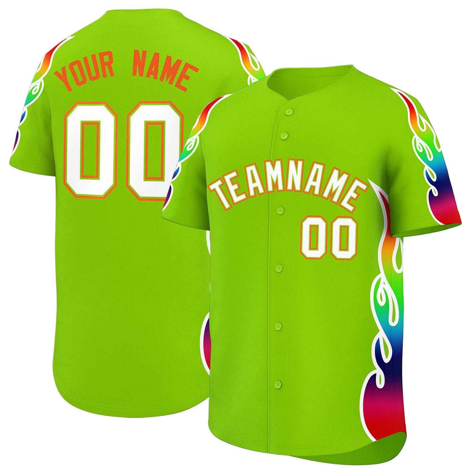 Custom Neon Green Graffiti Pattern Personalized Multicolored Flames Print Authentic Baseball Jersey