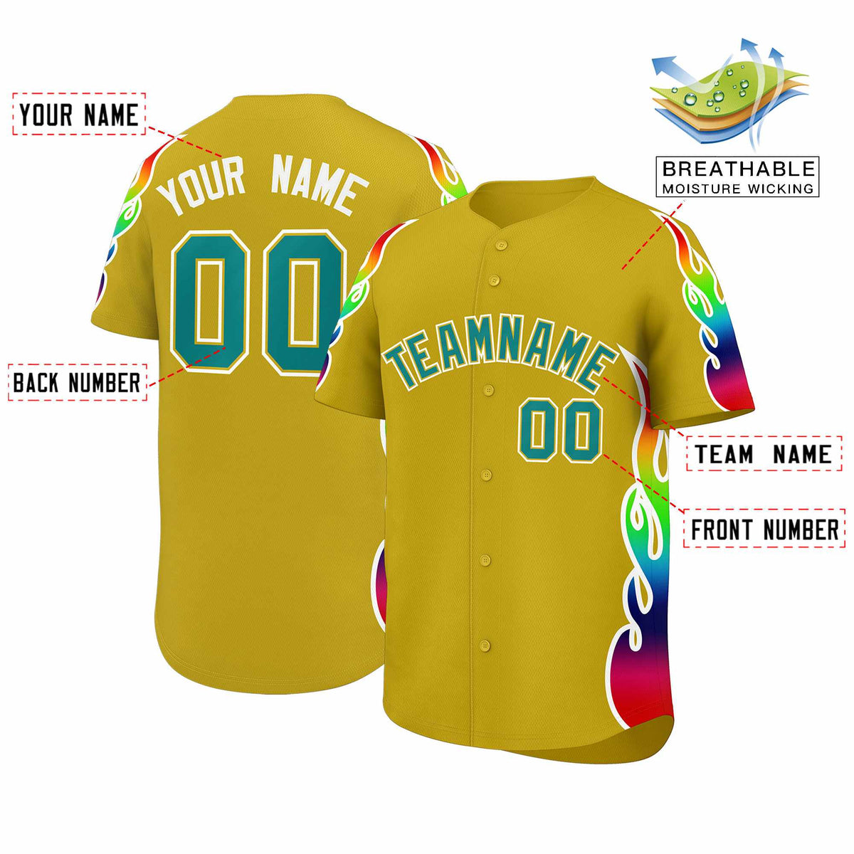Custom Old Gold Graffiti Pattern Personalized Multicolored Flames Print Authentic Baseball Jersey