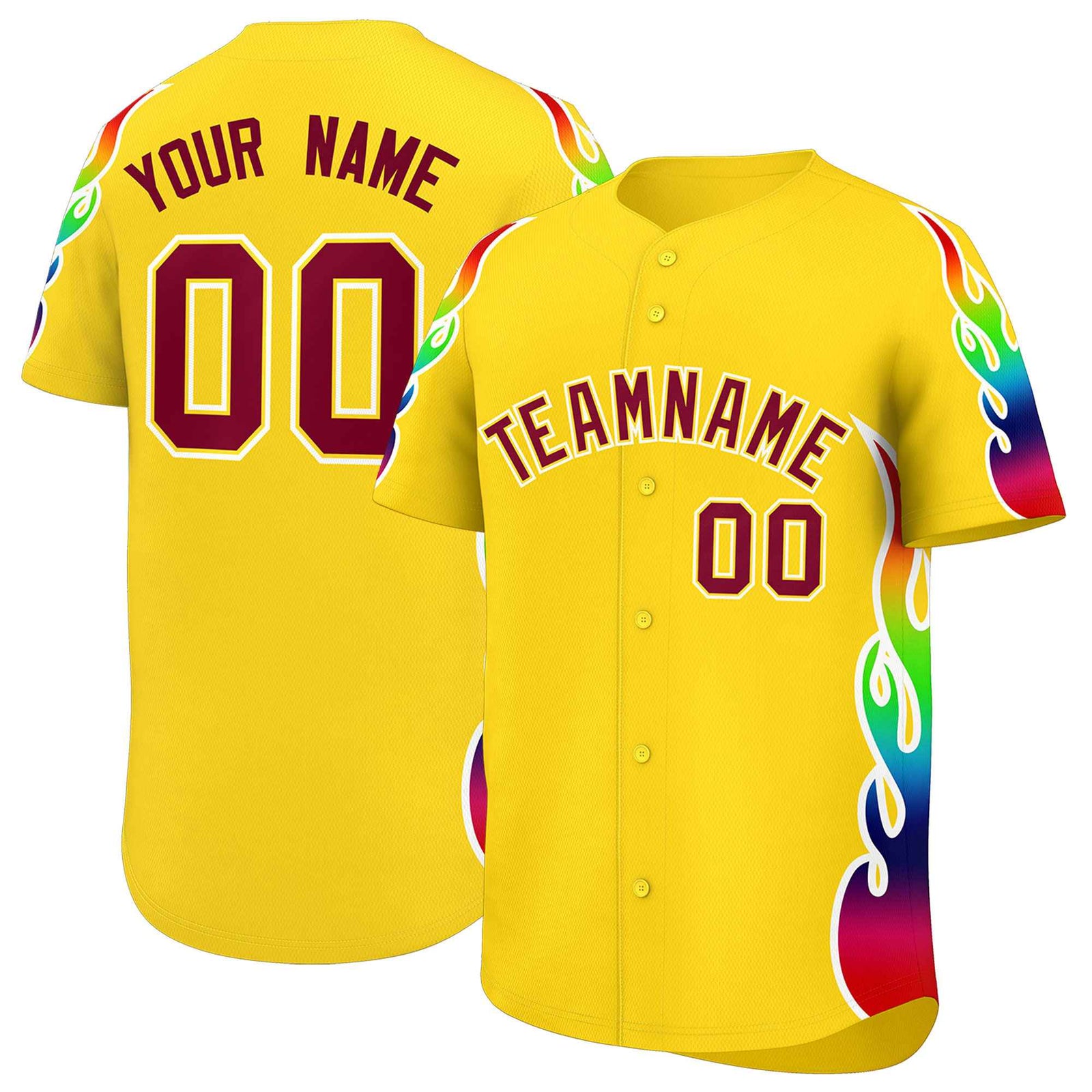 Custom Gold Graffiti Pattern Personalized Multicolored Flames Print Authentic Baseball Jersey