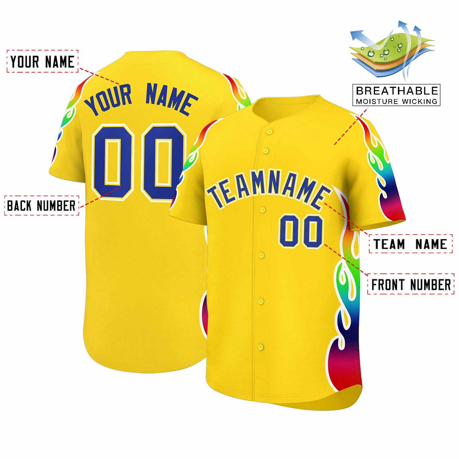 Custom Gold Graffiti Pattern Personalized Multicolored Flames Print Authentic Baseball Jersey
