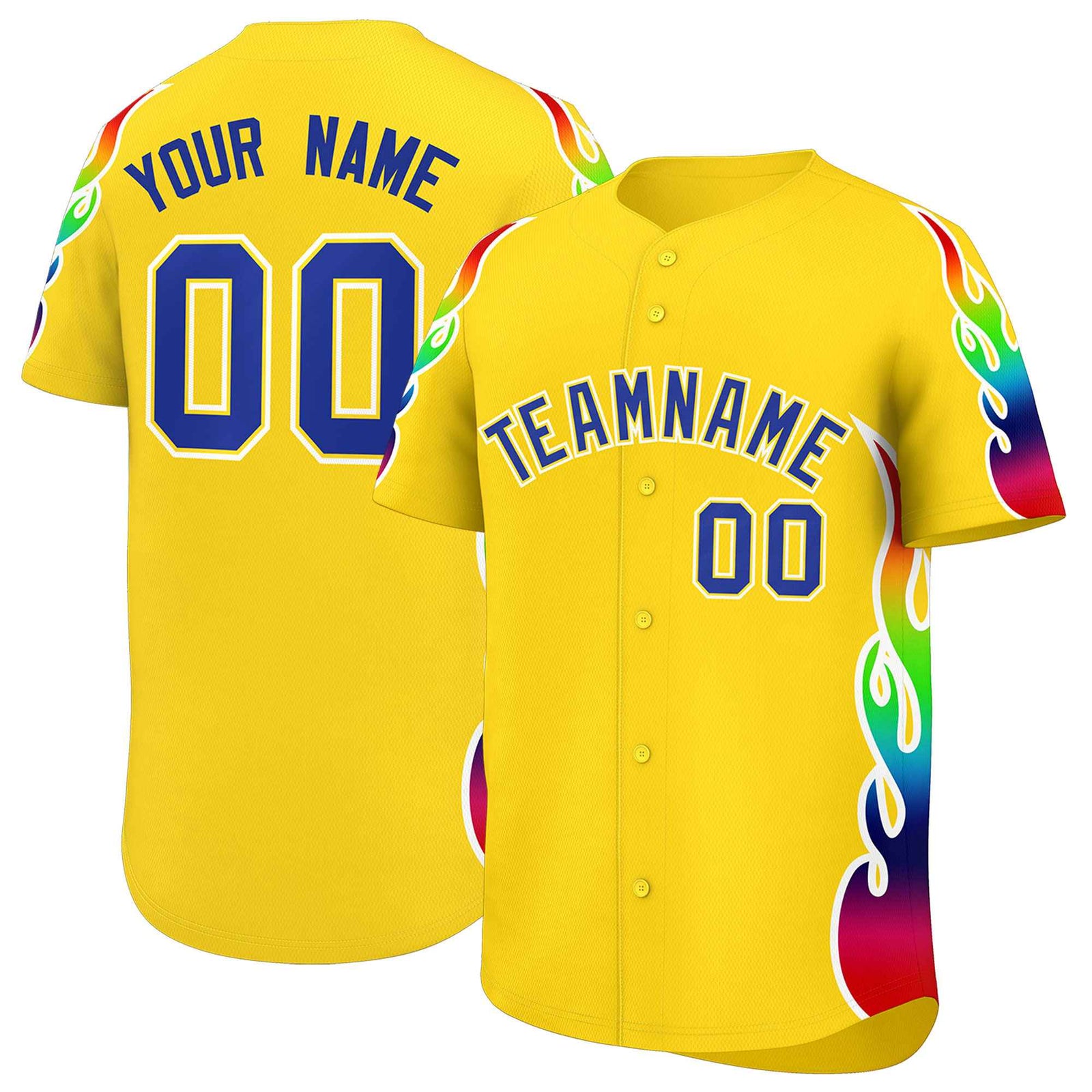 Custom Gold Graffiti Pattern Personalized Multicolored Flames Print Authentic Baseball Jersey