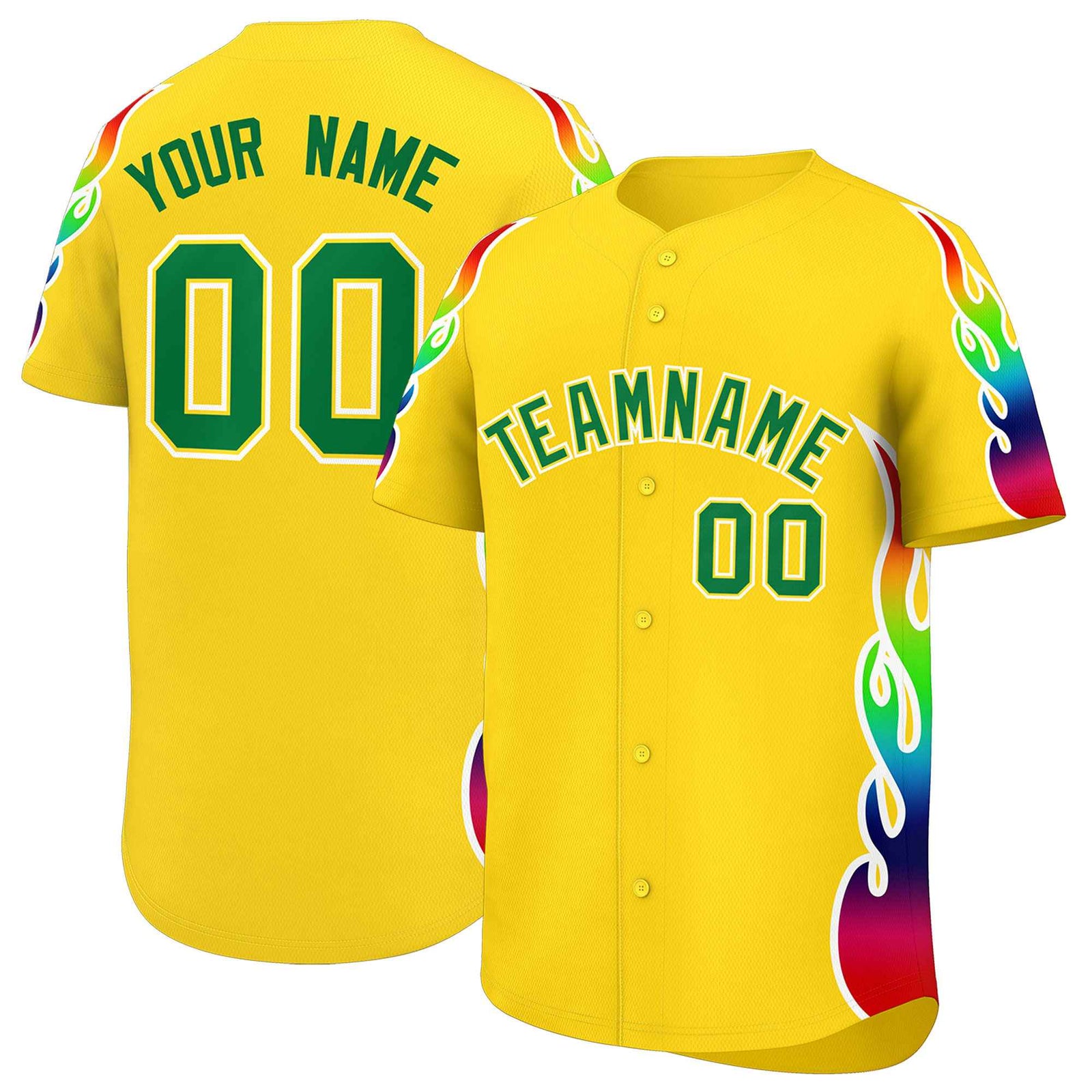 Custom Gold Graffiti Pattern Personalized Multicolored Flames Print Authentic Baseball Jersey