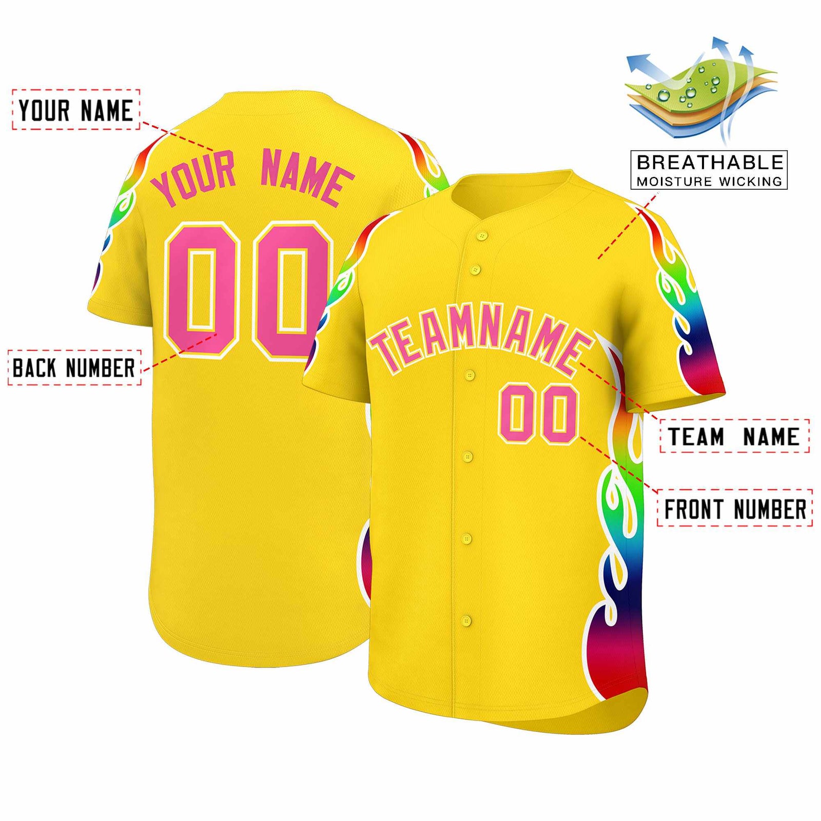 Custom Gold Graffiti Pattern Personalized Multicolored Flames Print Authentic Baseball Jersey