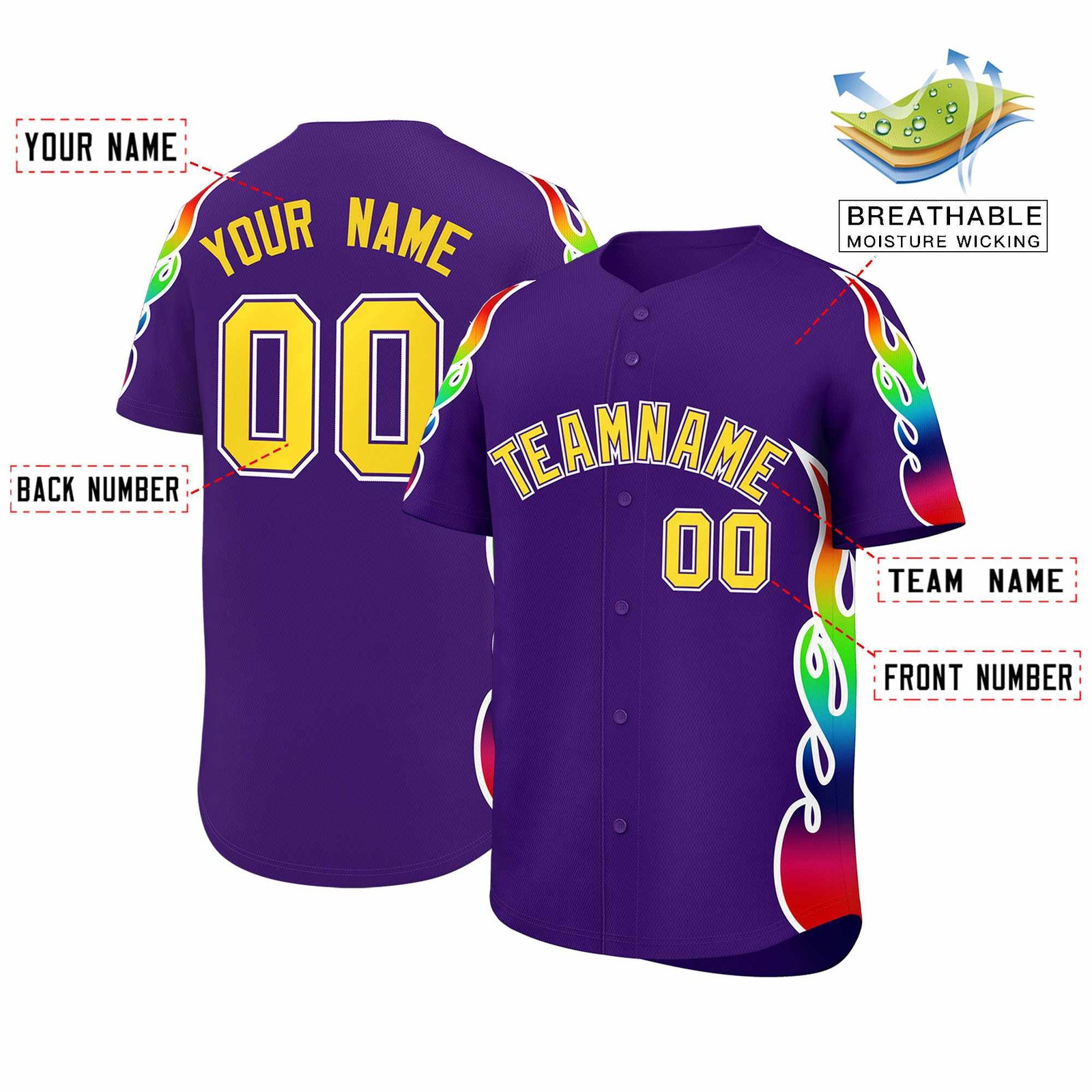 Custom Purple Graffiti Pattern Personalized Multicolored Flames Print Authentic Baseball Jersey