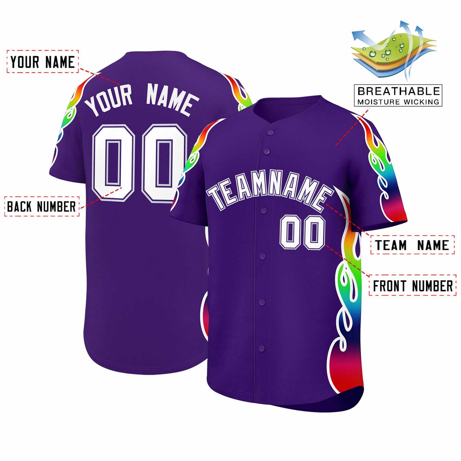 Custom Purple Graffiti Pattern Personalized Multicolored Flames Print Authentic Baseball Jersey