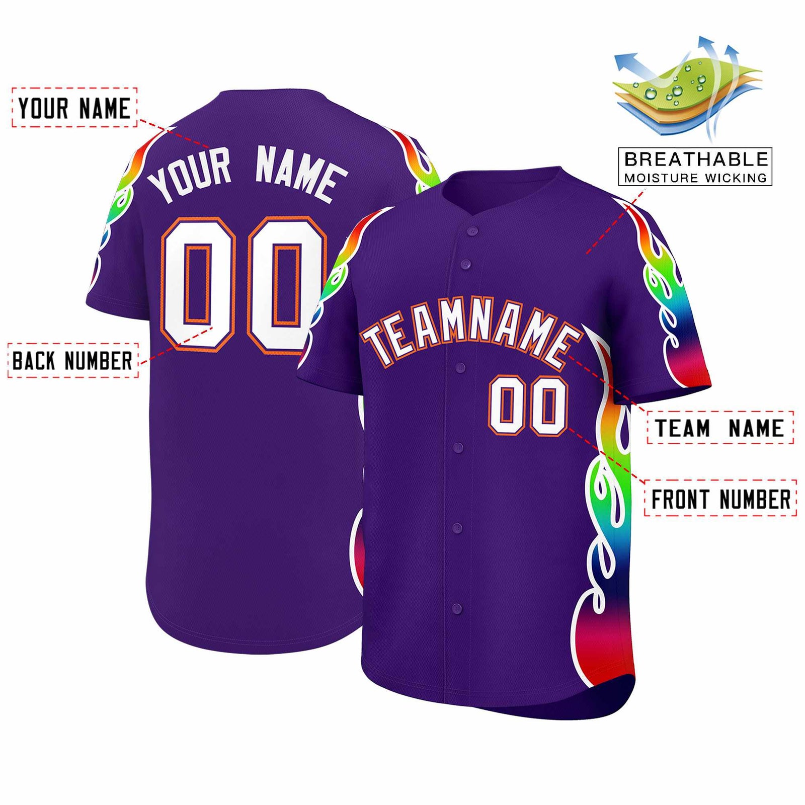 Custom Purple Graffiti Pattern Personalized Multicolored Flames Print Authentic Baseball Jersey