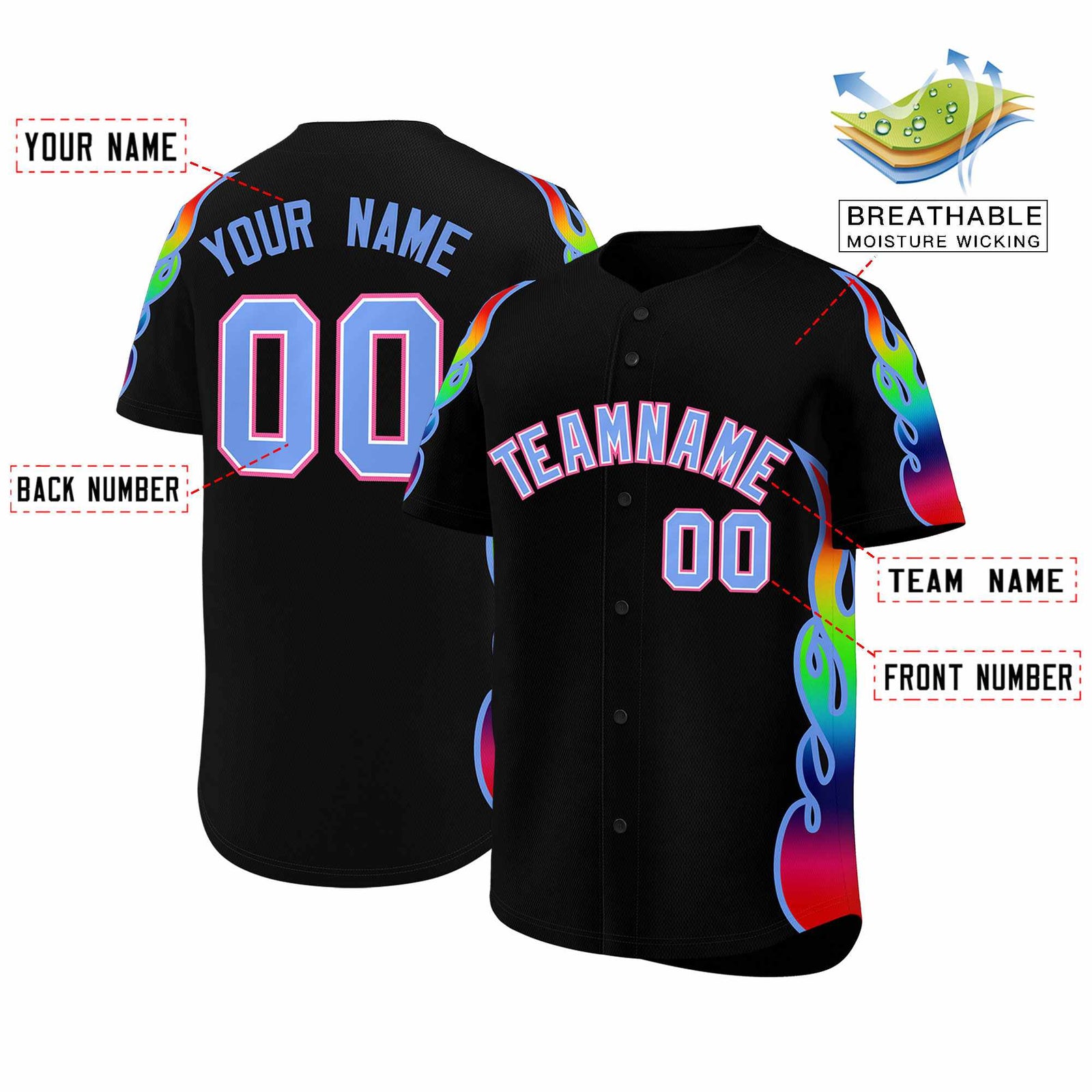 Custom Black Graffiti Pattern Personalized Multicolored Flames Print Authentic Baseball Jersey
