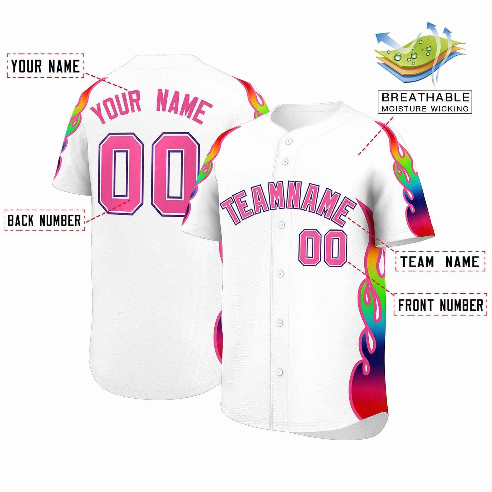 Custom White Graffiti Pattern Personalized Multicolored Flames Print Authentic Baseball Jersey