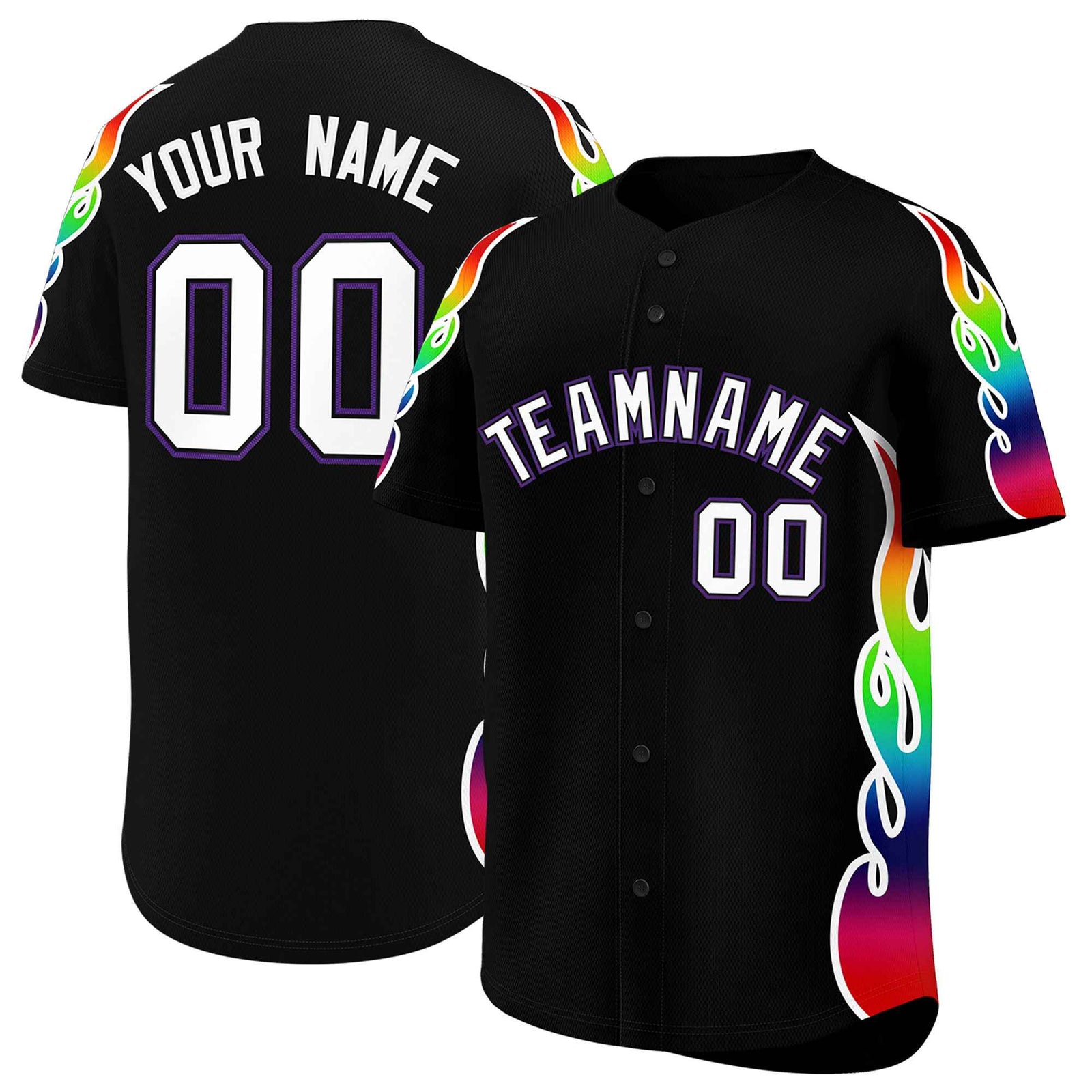 Custom Black Graffiti Pattern Personalized Multicolored Flames Print Authentic Baseball Jersey