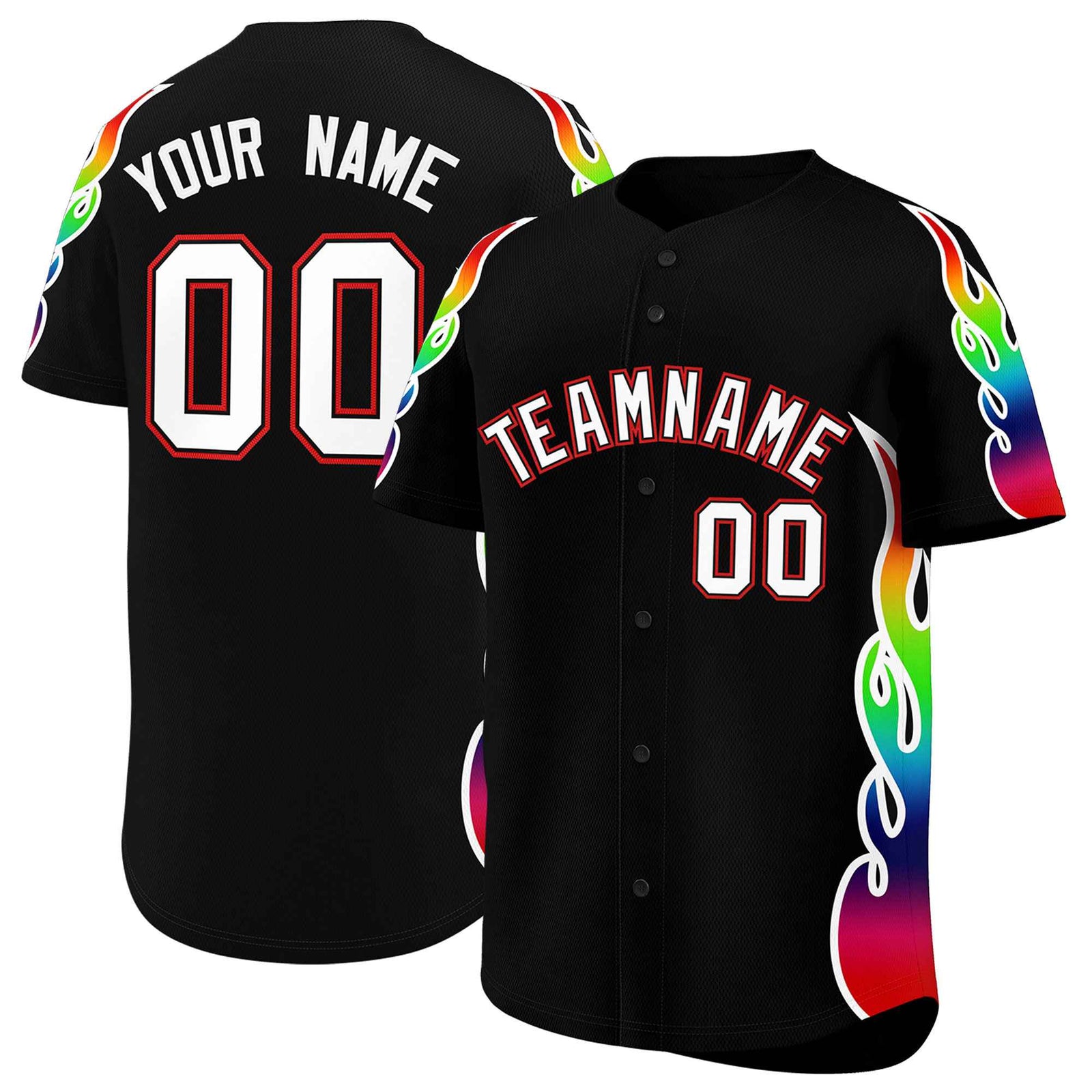 Custom Black Graffiti Pattern Personalized Multicolored Flames Print Authentic Baseball Jersey