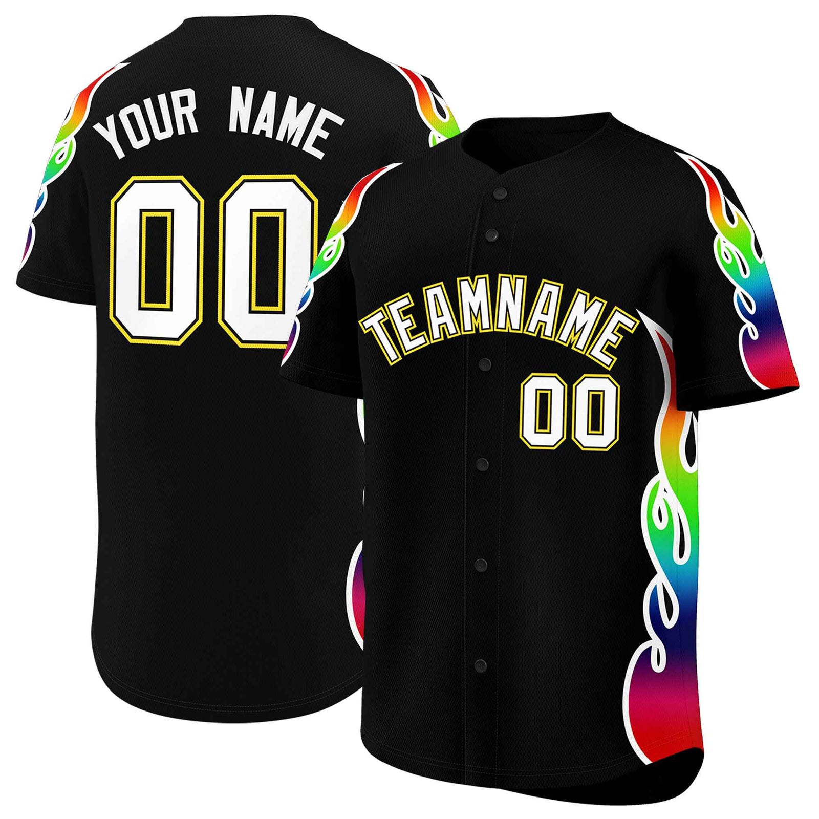 Custom Black Graffiti Pattern Personalized Multicolored Flames Print Authentic Baseball Jersey