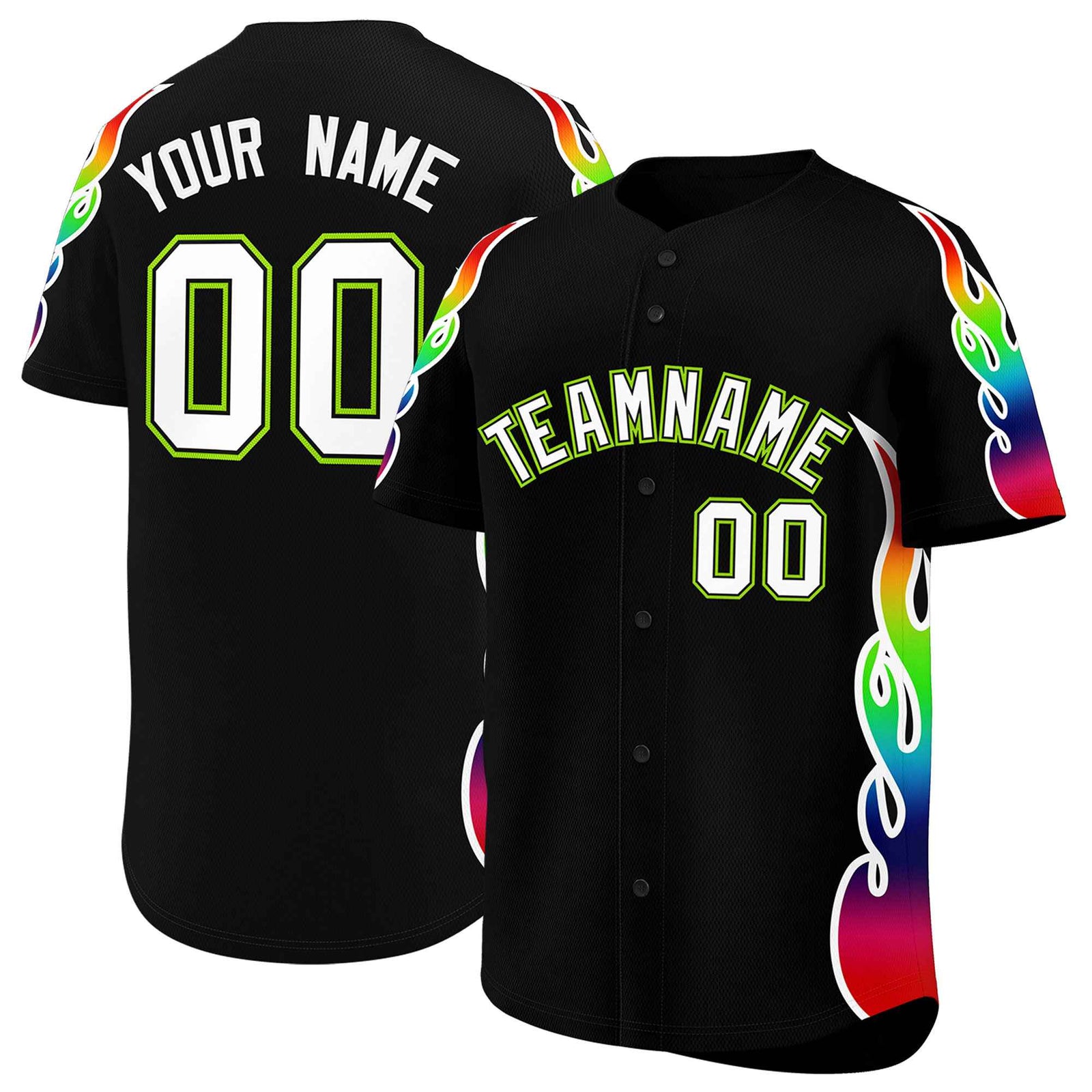 Custom Black Graffiti Pattern Personalized Multicolored Flames Print Authentic Baseball Jersey
