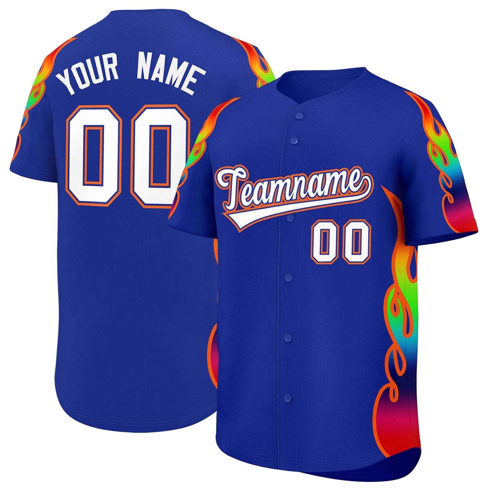 Custom Royal Graffiti Pattern Personalized Multicolored Flames Print Authentic Baseball Jersey