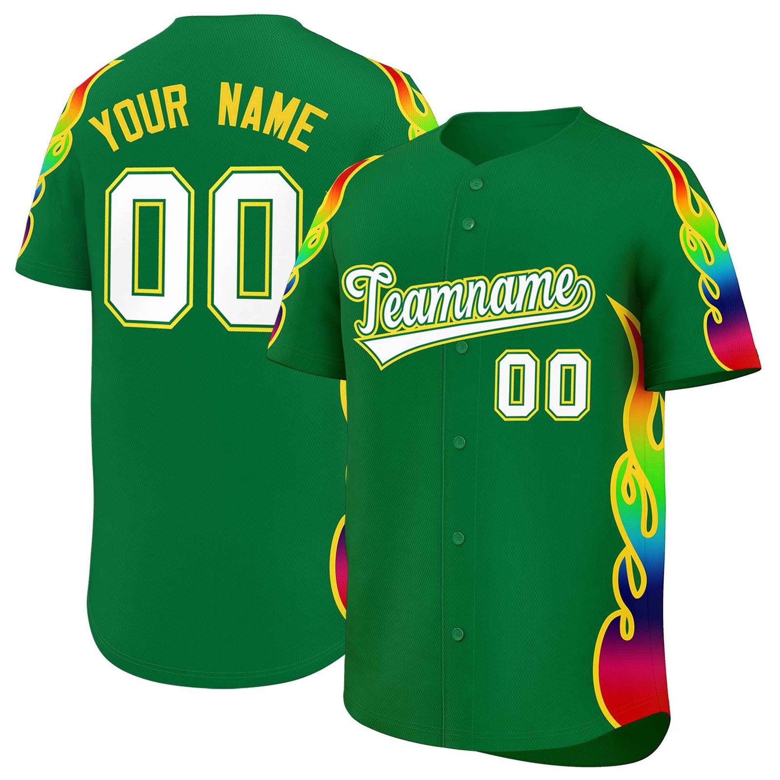 Custom Kelly Green Graffiti Pattern Personalized Multicolored Flames Print Authentic Baseball Jersey