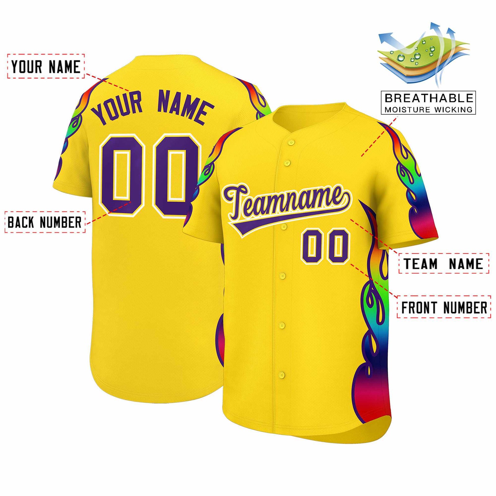 Custom Gold Graffiti Pattern Personalized Multicolored Flames Print Authentic Baseball Jersey
