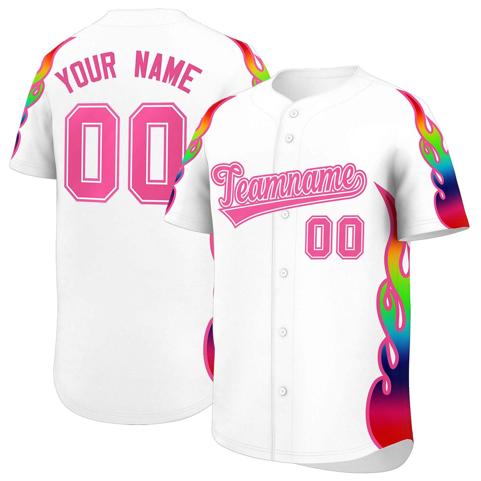 Custom White Graffiti Pattern Personalized Multicolored Flames Print Authentic Baseball Jersey
