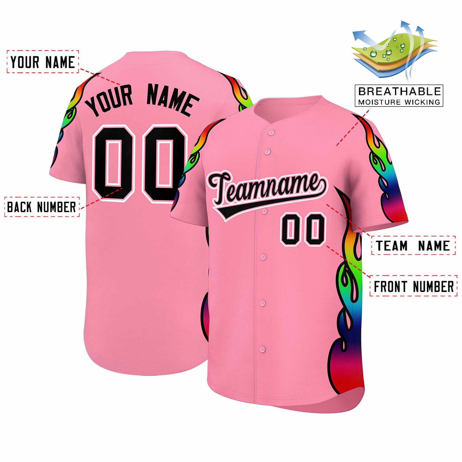 Custom Light Pink Graffiti Pattern Personalized Multicolored Flames Print Authentic Baseball Jersey