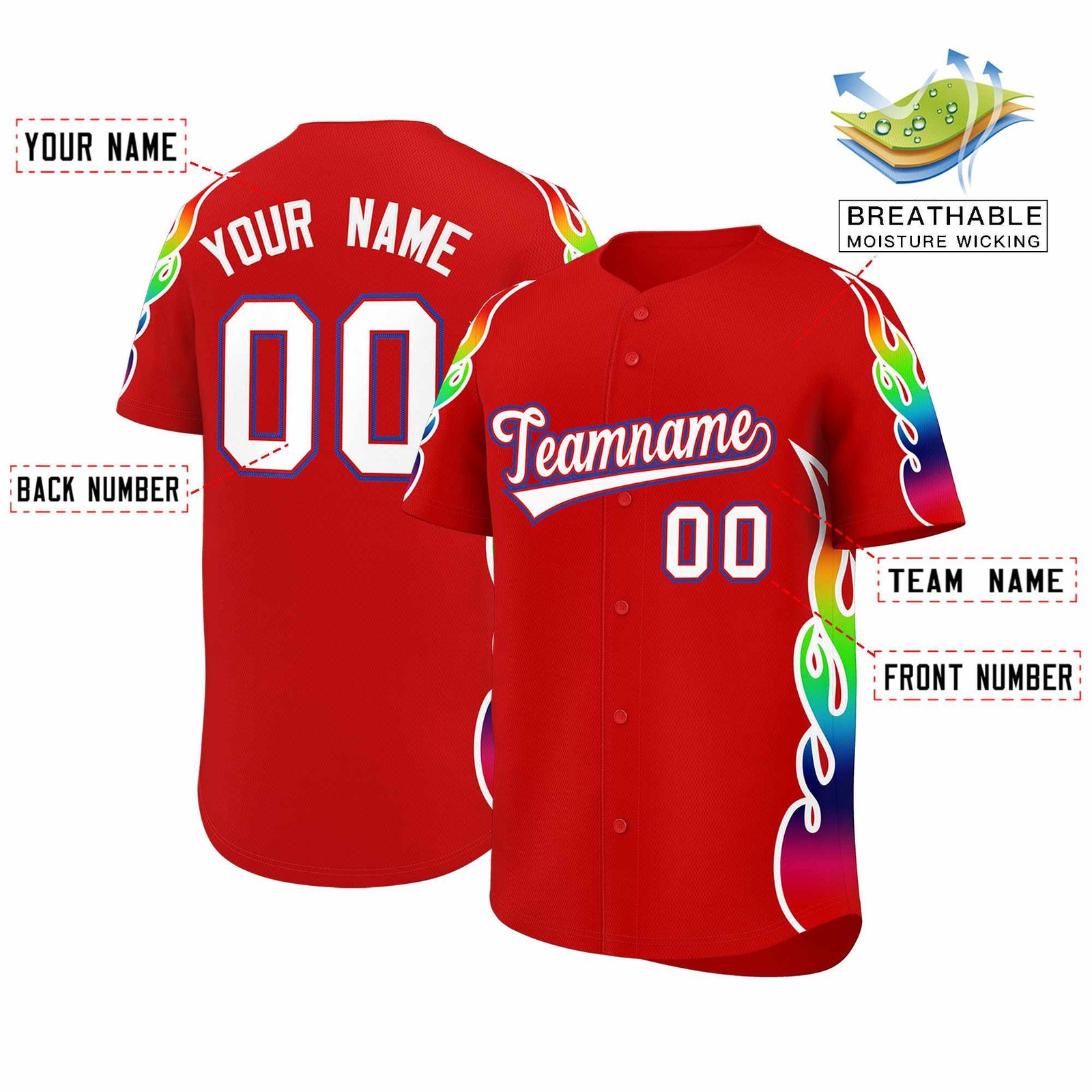Custom Red Graffiti Pattern Personalized Multicolored Flames Print Authentic Baseball Jersey