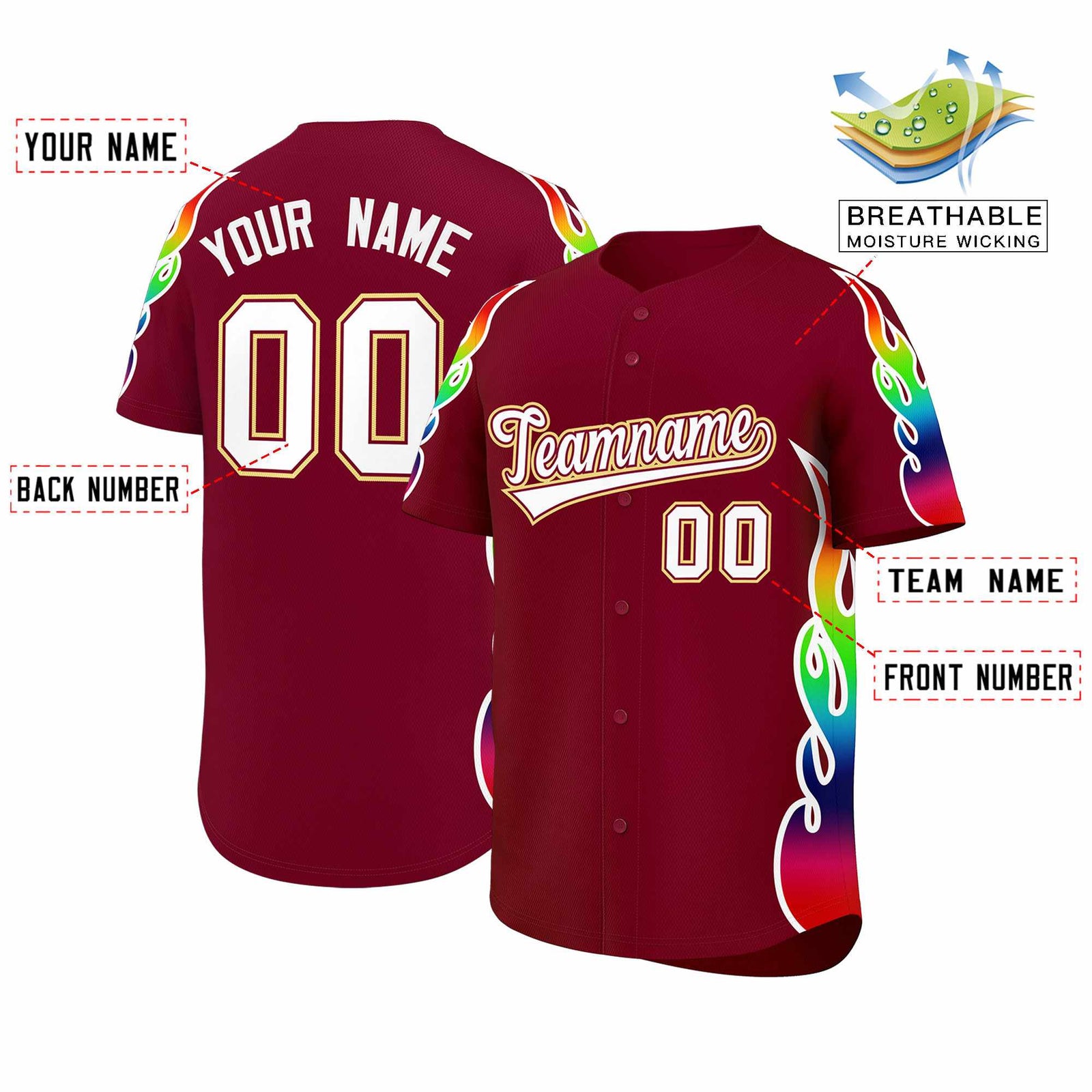 Custom Crimson Graffiti Pattern Personalized Multicolored Flames Print Authentic Baseball Jersey