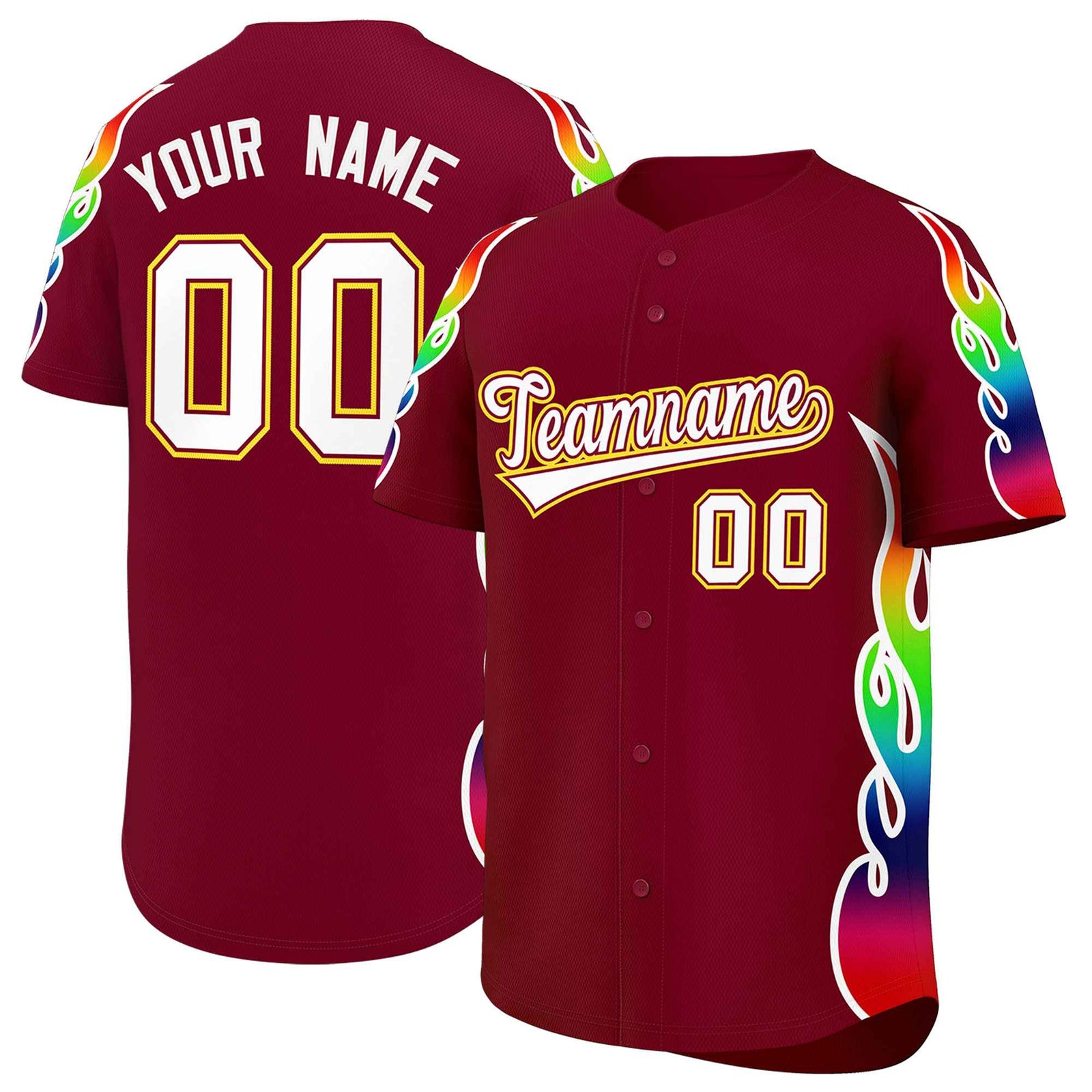 Custom Crimson Graffiti Pattern Personalized Multicolored Flames Print Authentic Baseball Jersey