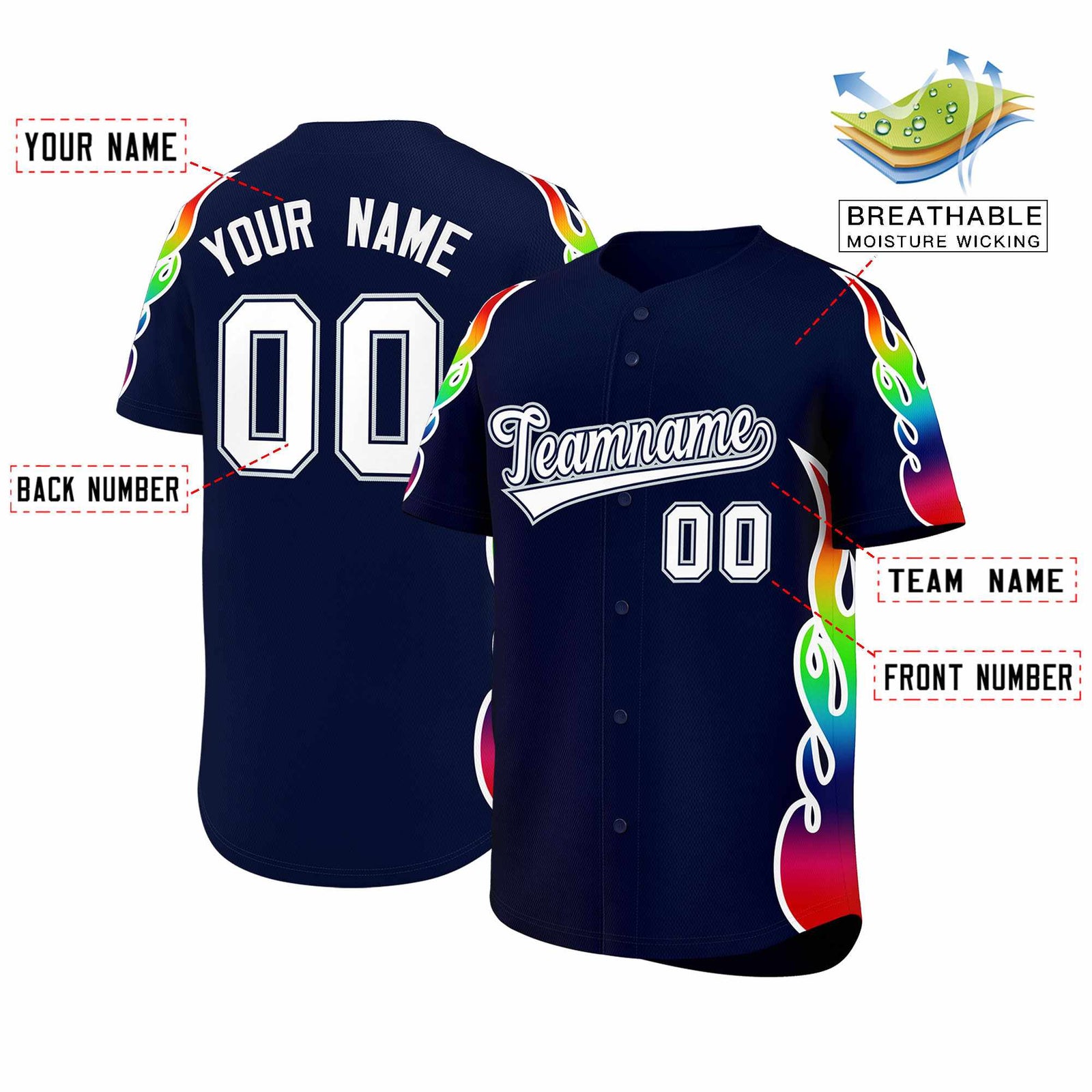 Custom Navy Graffiti Pattern Personalized Multicolored Flames Print Authentic Baseball Jersey