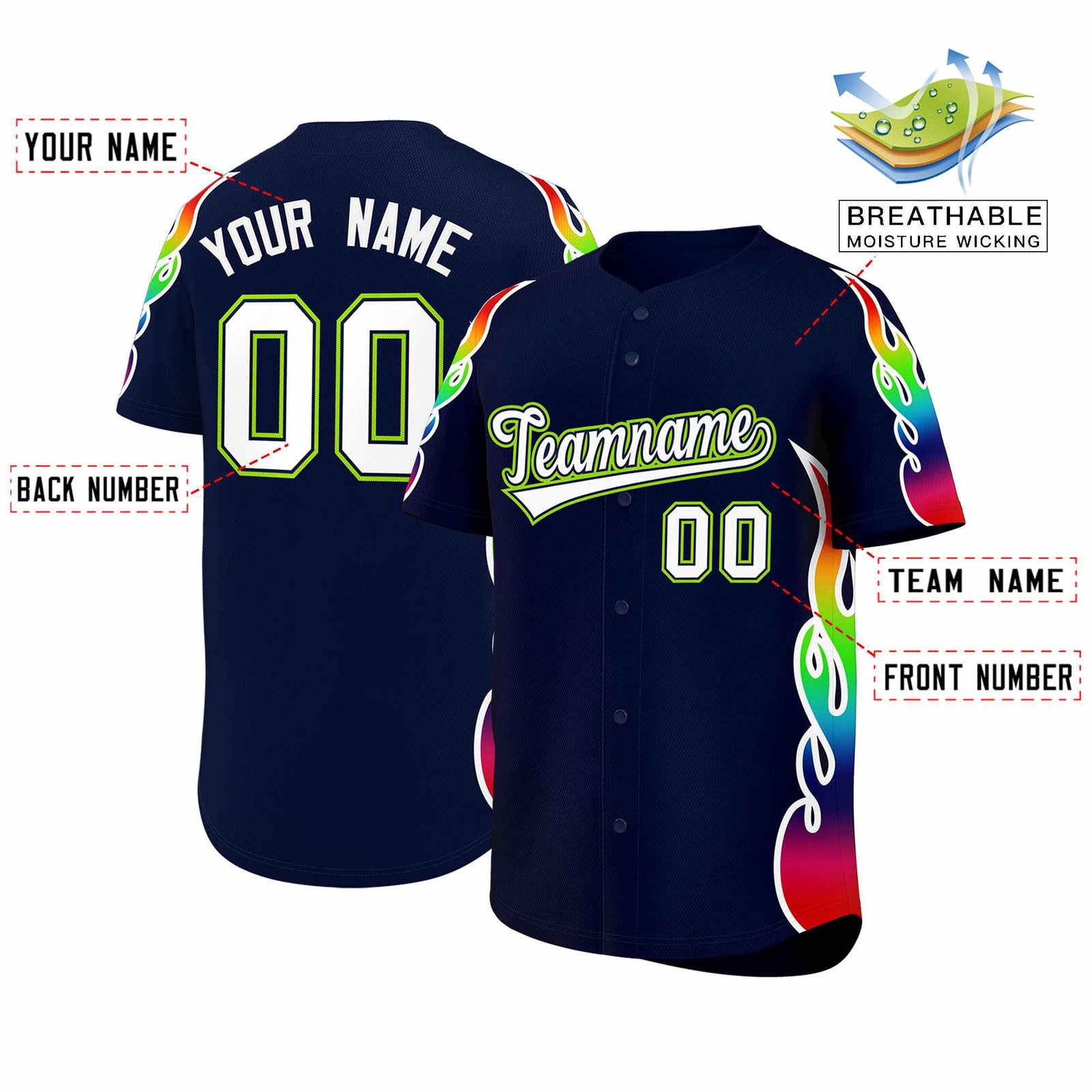 Custom Navy Graffiti Pattern Personalized Multicolored Flames Print Authentic Baseball Jersey