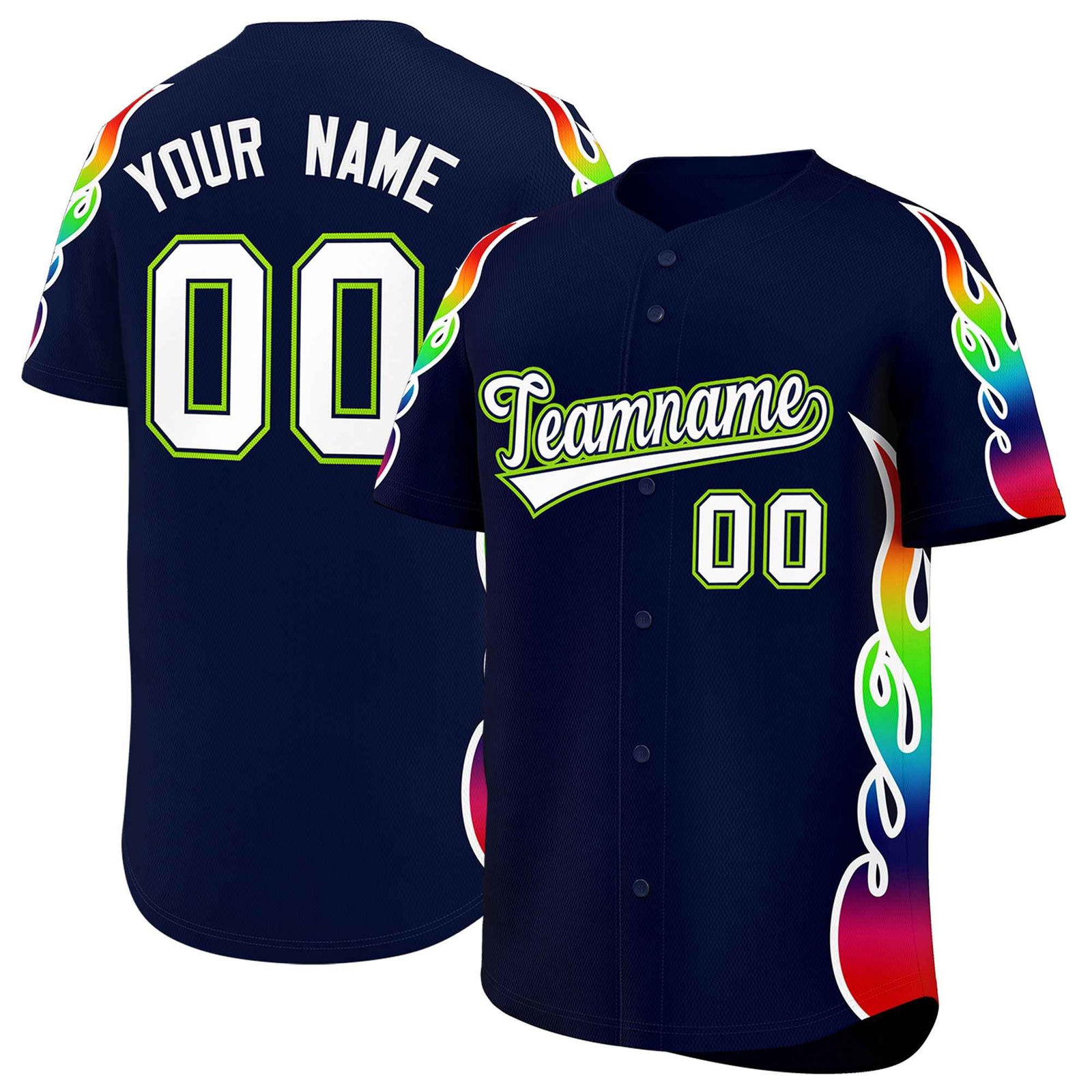 Custom Navy Graffiti Pattern Personalized Multicolored Flames Print Authentic Baseball Jersey