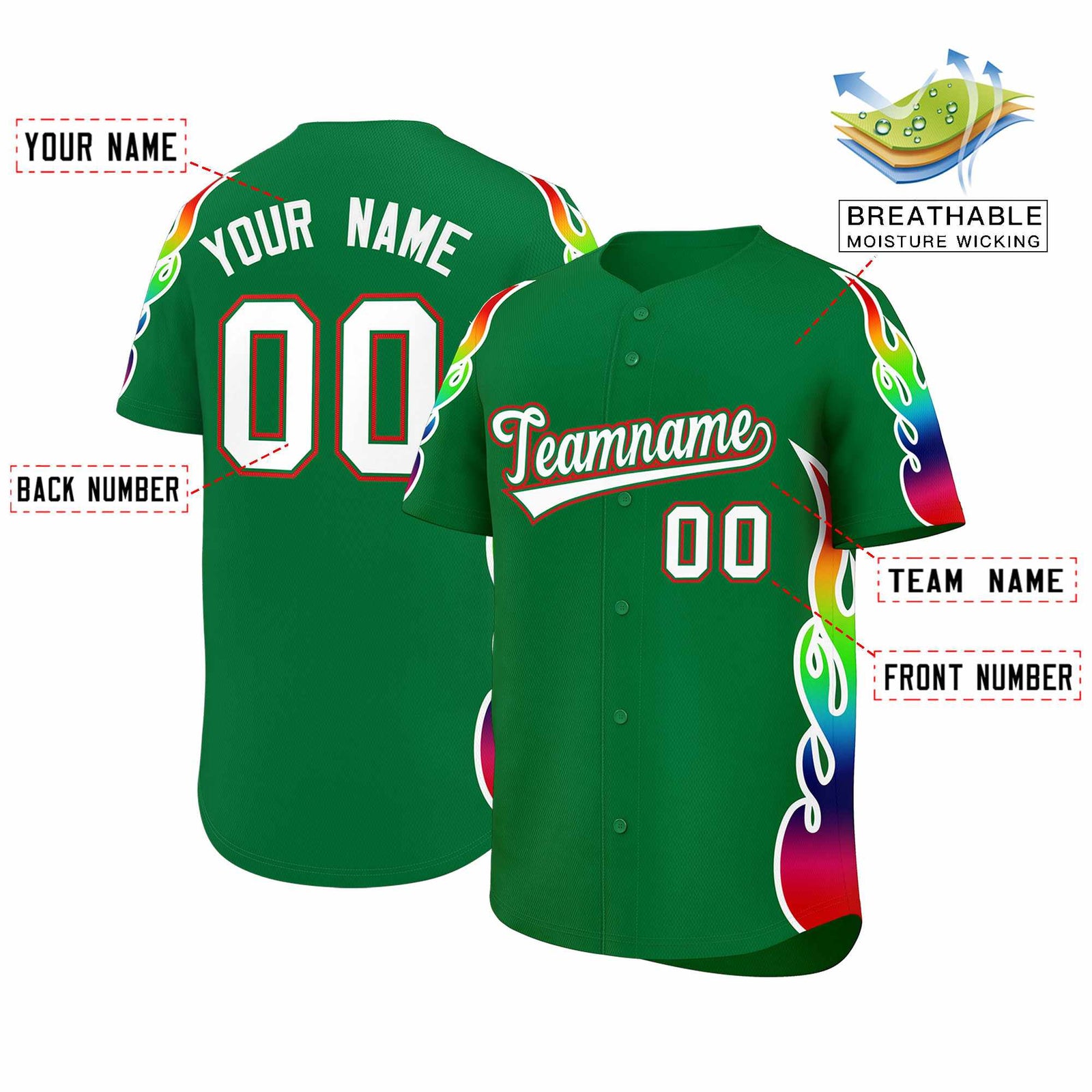 Custom Kelly Green Graffiti Pattern Personalized Multicolored Flames Print Authentic Baseball Jersey