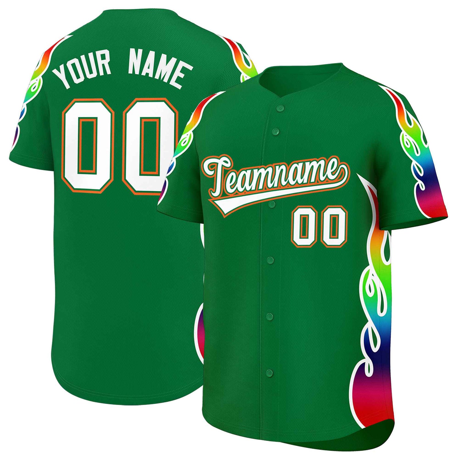 Custom Kelly Green Graffiti Pattern Personalized Multicolored Flames Print Authentic Baseball Jersey
