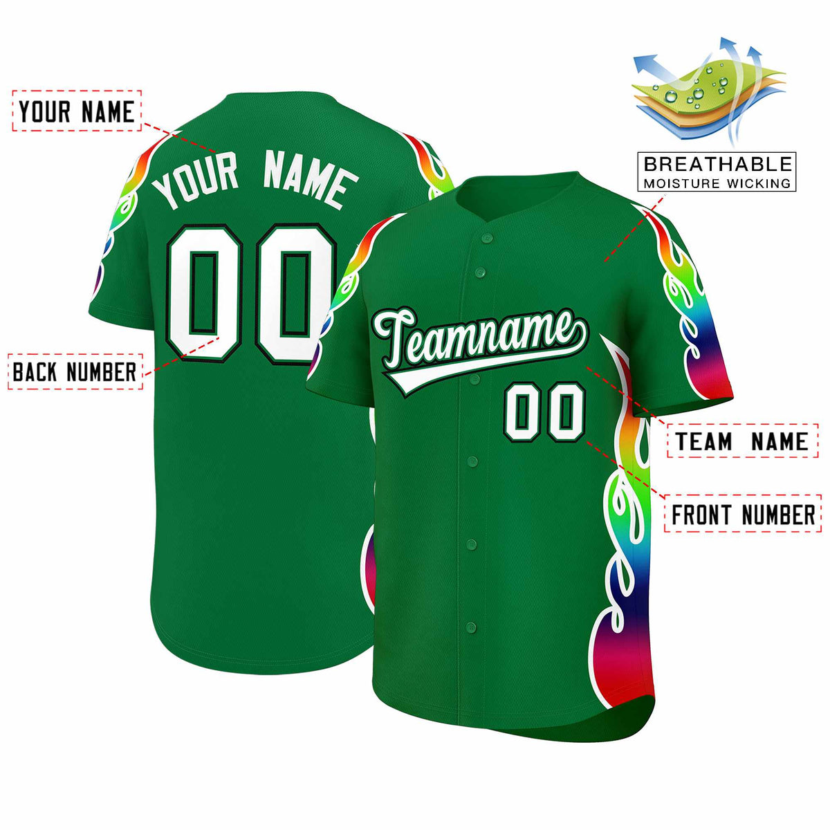 Custom Kelly Green Graffiti Pattern Personalized Multicolored Flames Print Authentic Baseball Jersey