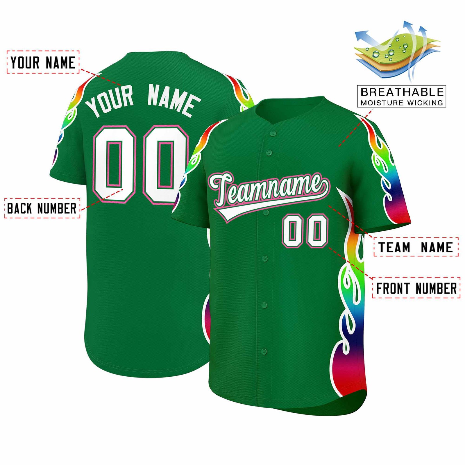 Custom Kelly Green Graffiti Pattern Personalized Multicolored Flames Print Authentic Baseball Jersey