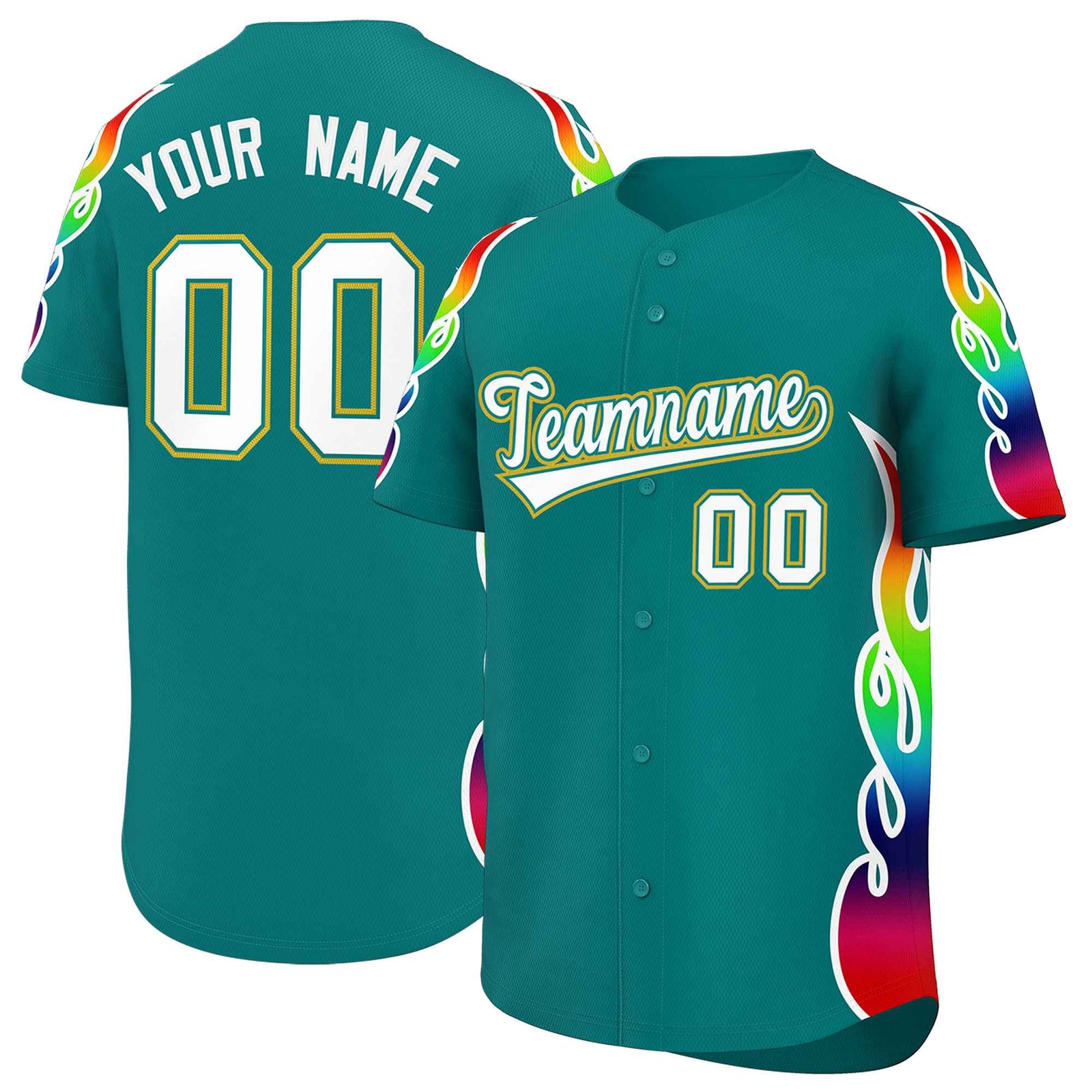 Custom Aqua Graffiti Pattern Personalized Multicolored Flames Print Authentic Baseball Jersey