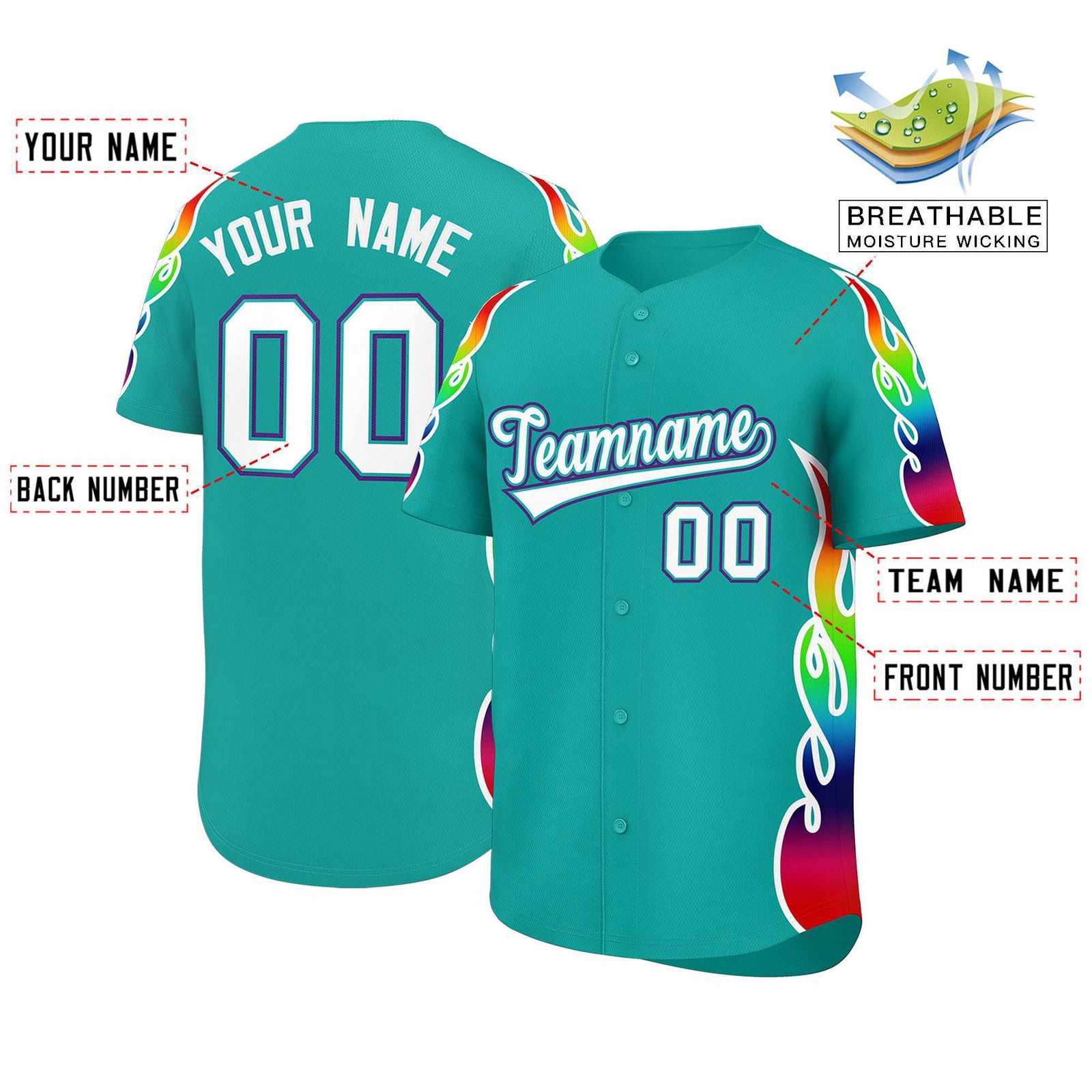 Custom Aqua Graffiti Pattern Personalized Multicolored Flames Print Authentic Baseball Jersey