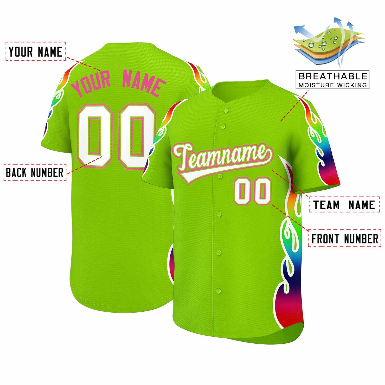 Custom Neon Green Graffiti Pattern Personalized Multicolored Flames Print Authentic Baseball Jersey