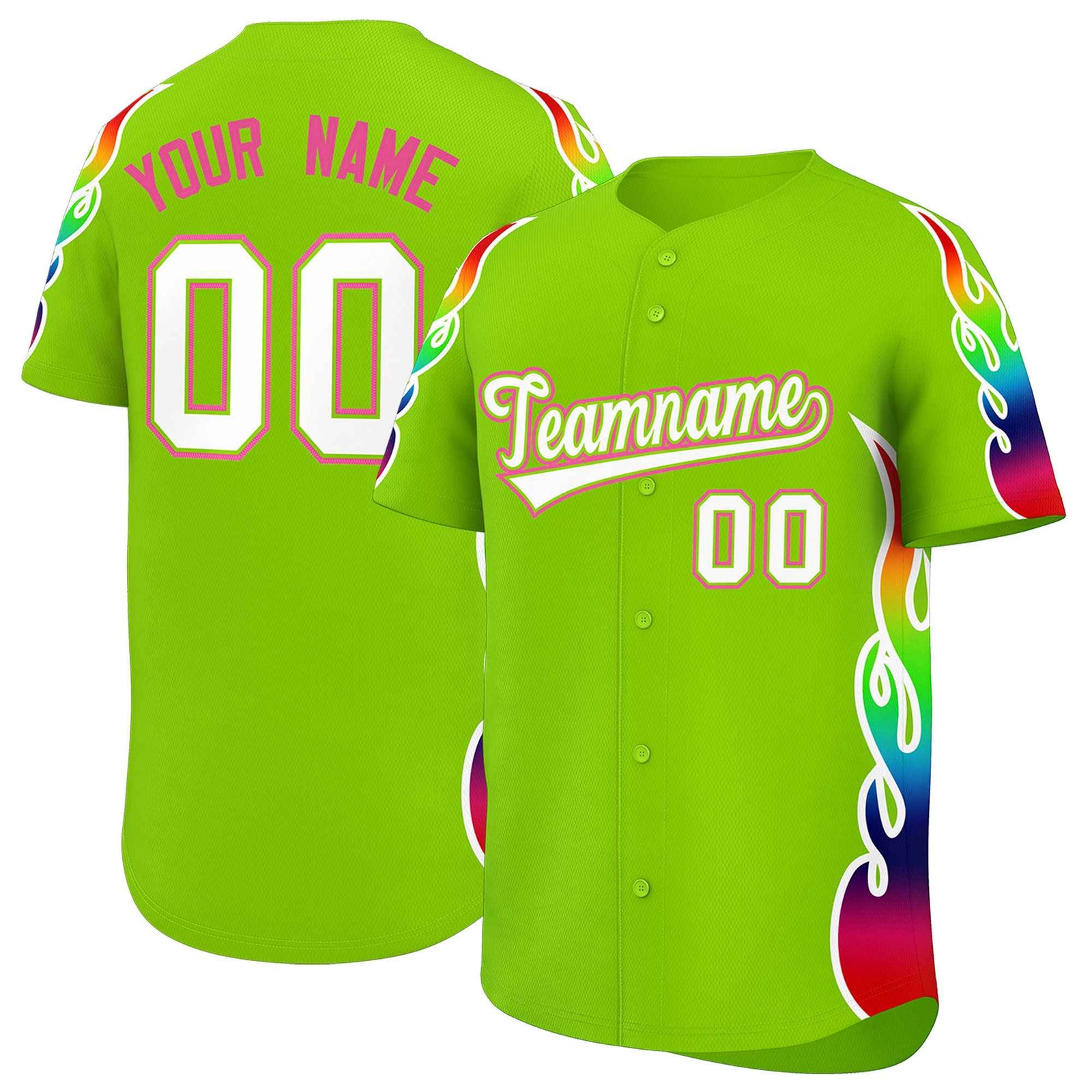 Custom Neon Green Graffiti Pattern Personalized Multicolored Flames Print Authentic Baseball Jersey