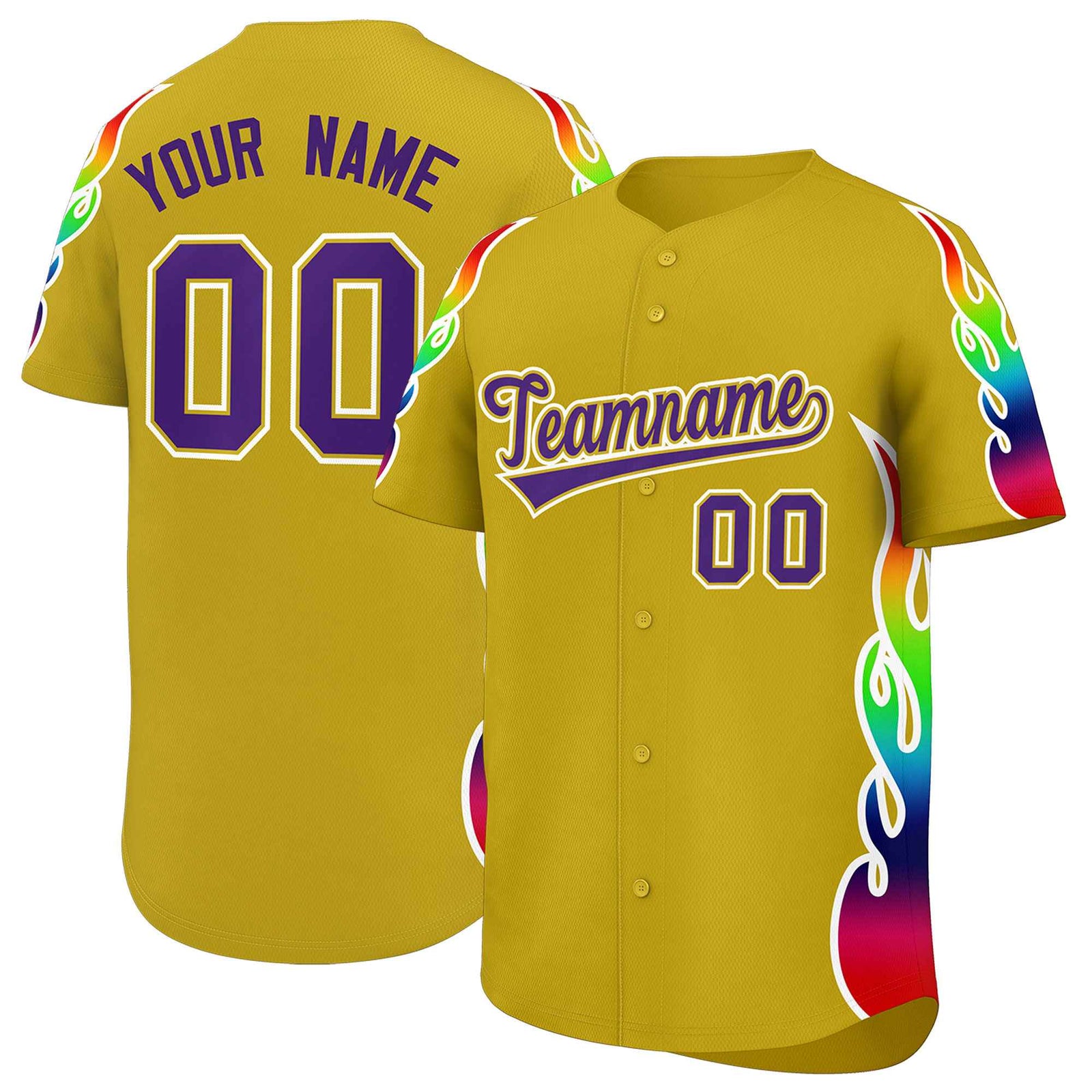 Custom Old Gold Graffiti Pattern Personalized Multicolored Flames Print Authentic Baseball Jersey