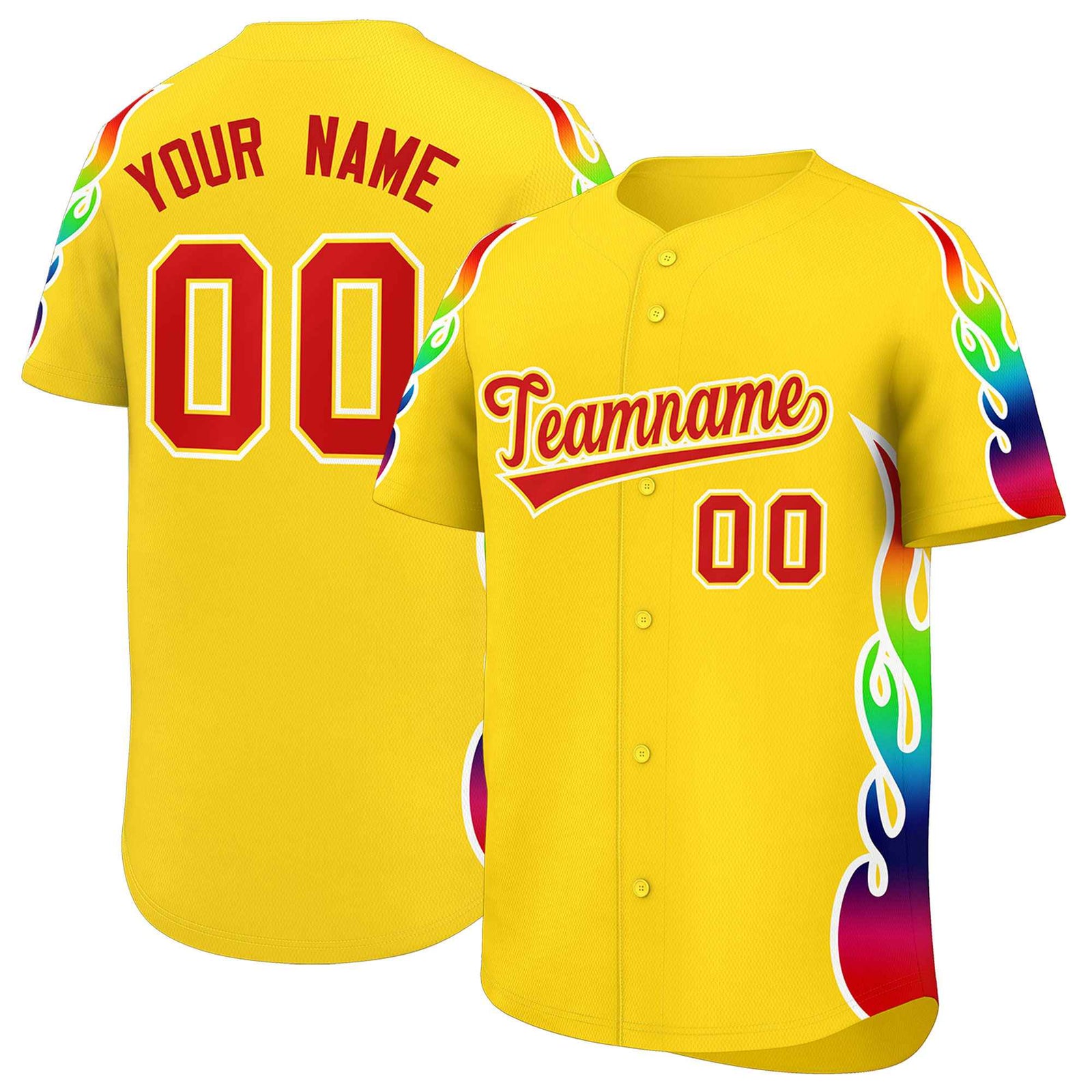 Custom Gold Graffiti Pattern Personalized Multicolored Flames Print Authentic Baseball Jersey